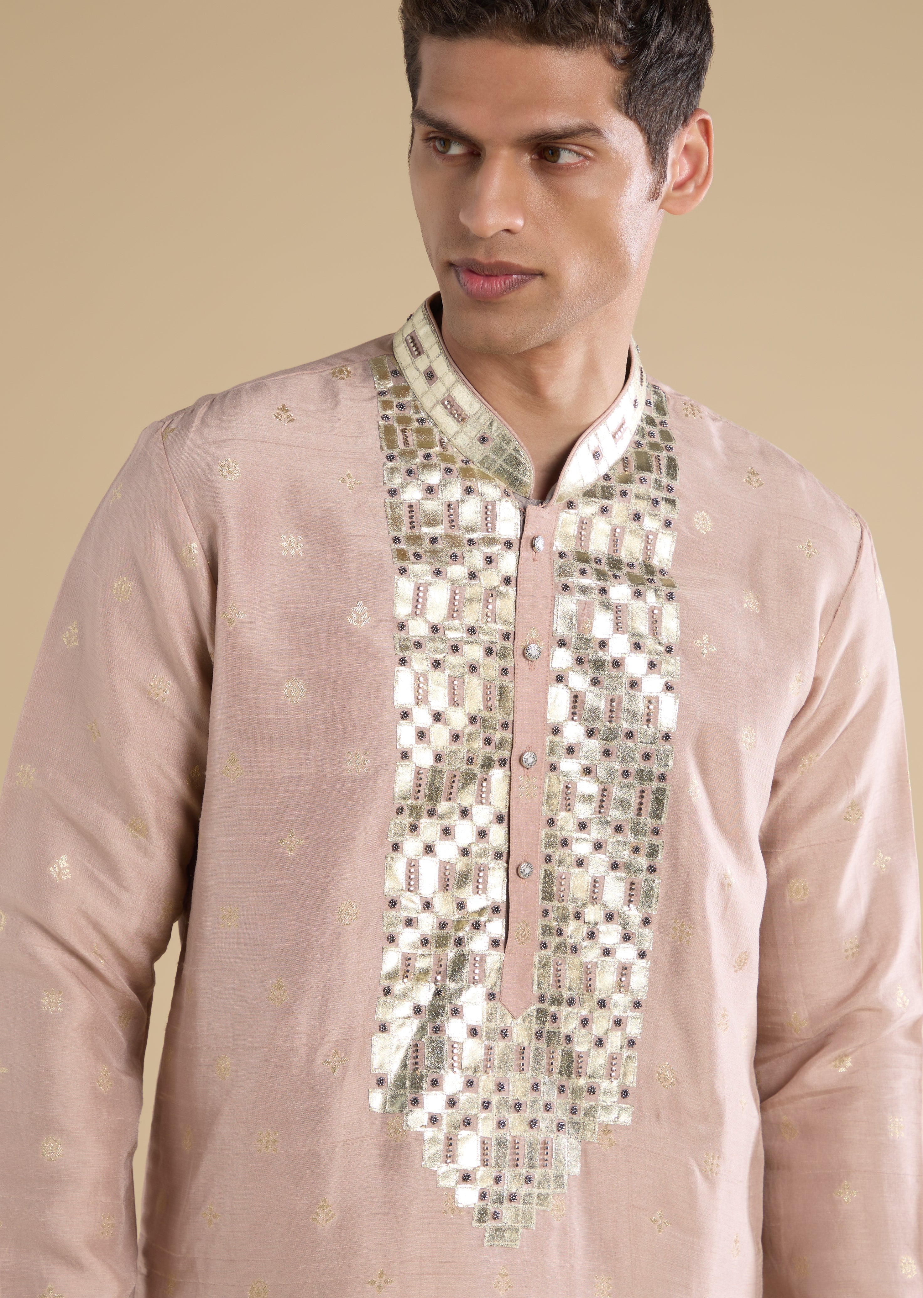Soft Shimmer Pastel Couple Set – Beige Sequinned Sleeveless Kurta Palazzo Set with Dupatta for Her And Lilac Embellished Rawsilk Kurta Set for Him