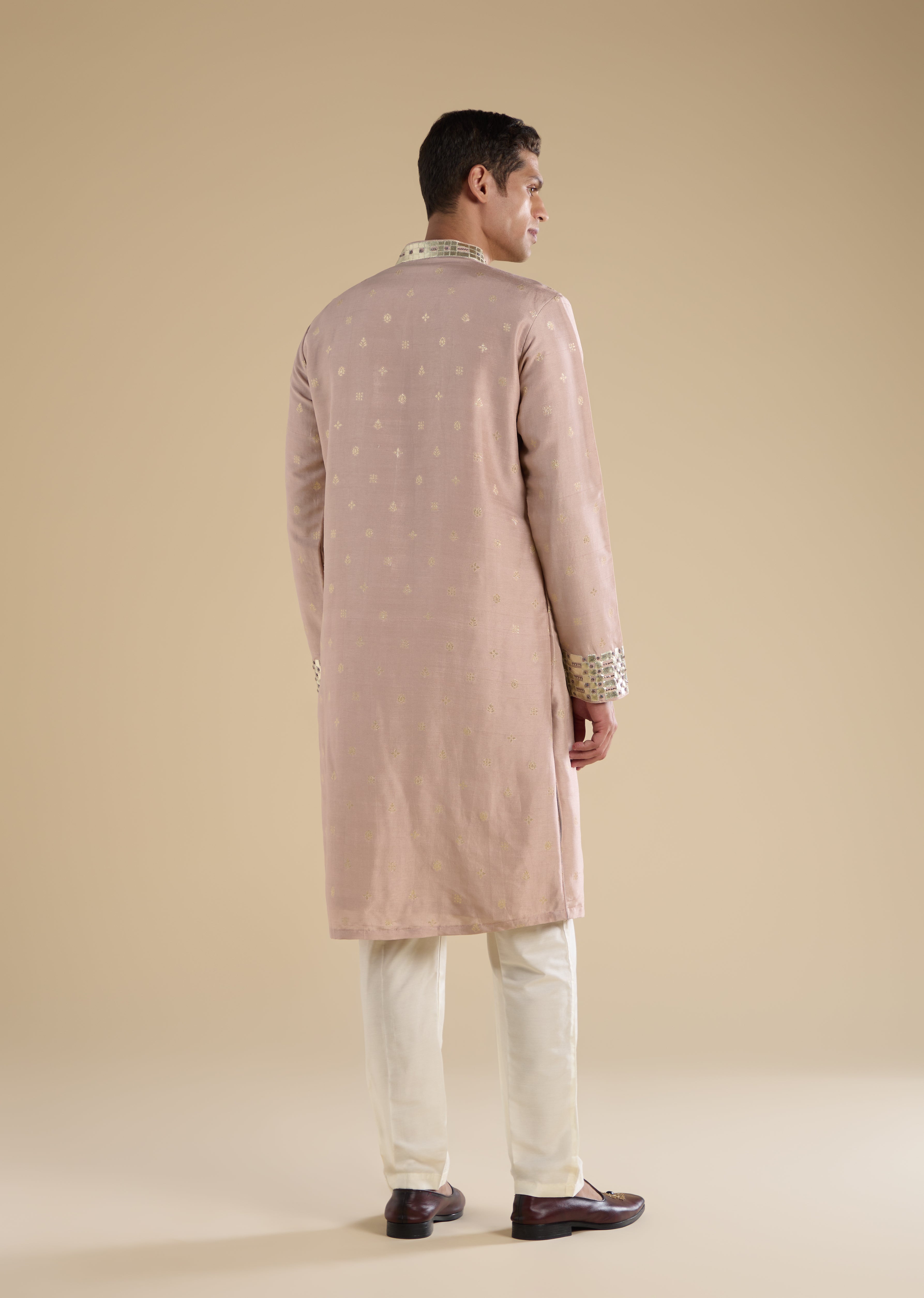 Soft Shimmer Pastel Couple Set – Beige Sequinned Sleeveless Kurta Palazzo Set with Dupatta for Her And Lilac Embellished Rawsilk Kurta Set for Him