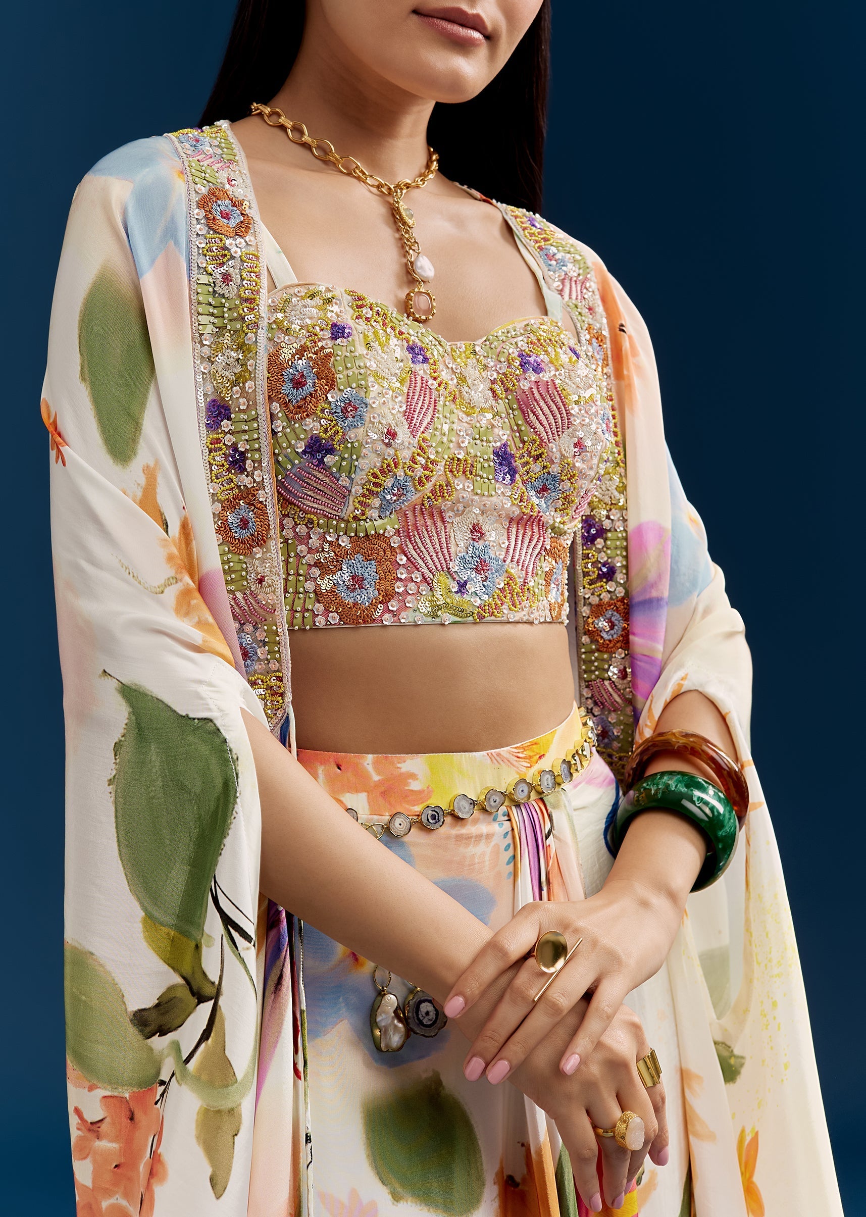 Floral Festive Couple Set – Cream Crop Top Skirt Set With Embroidered Cape For Her And Off-White Palazzo Kurta Set For Him