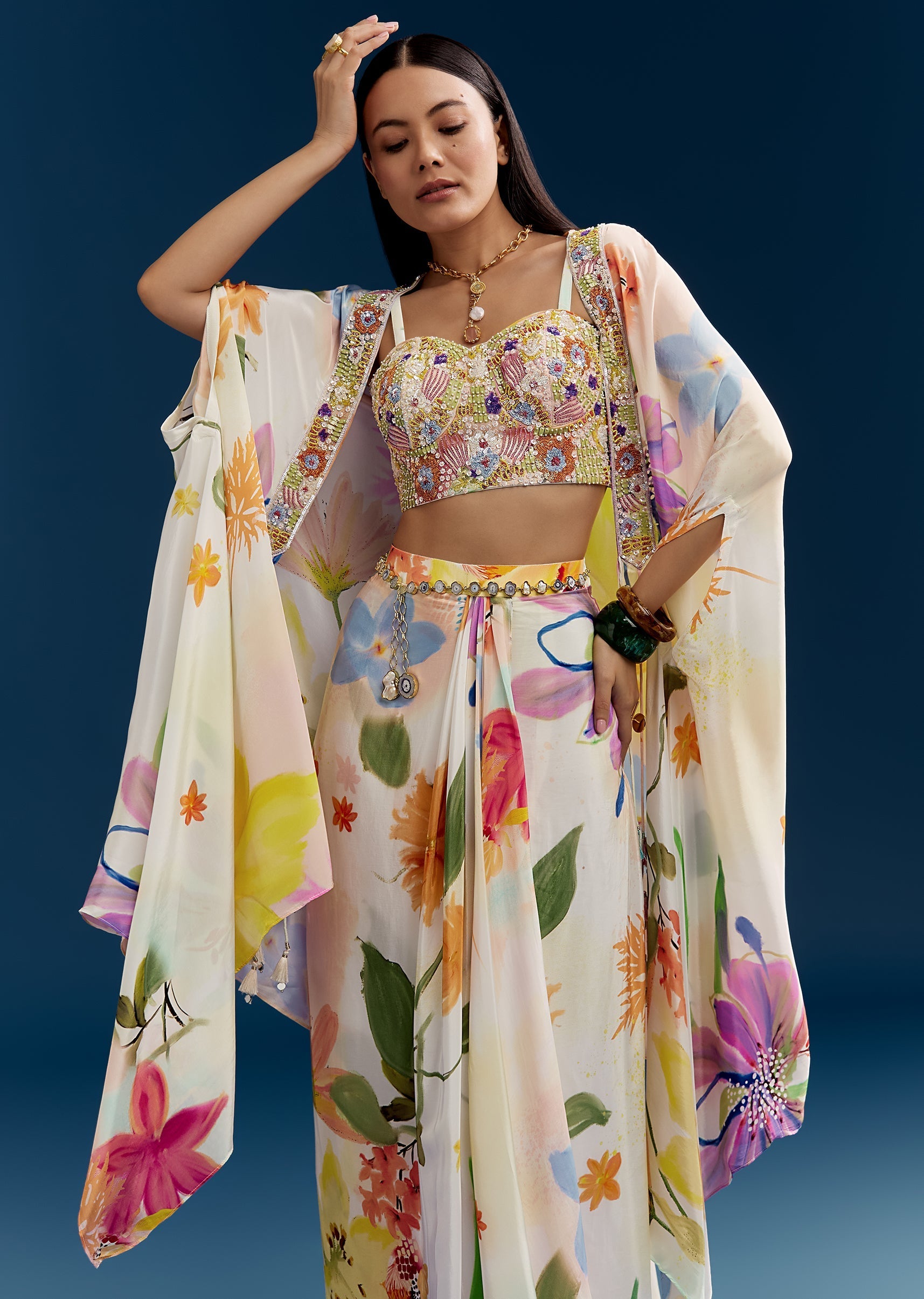 Floral Festive Couple Set – Cream Crop Top Skirt Set With Embroidered Cape For Her And Off-White Palazzo Kurta Set For Him
