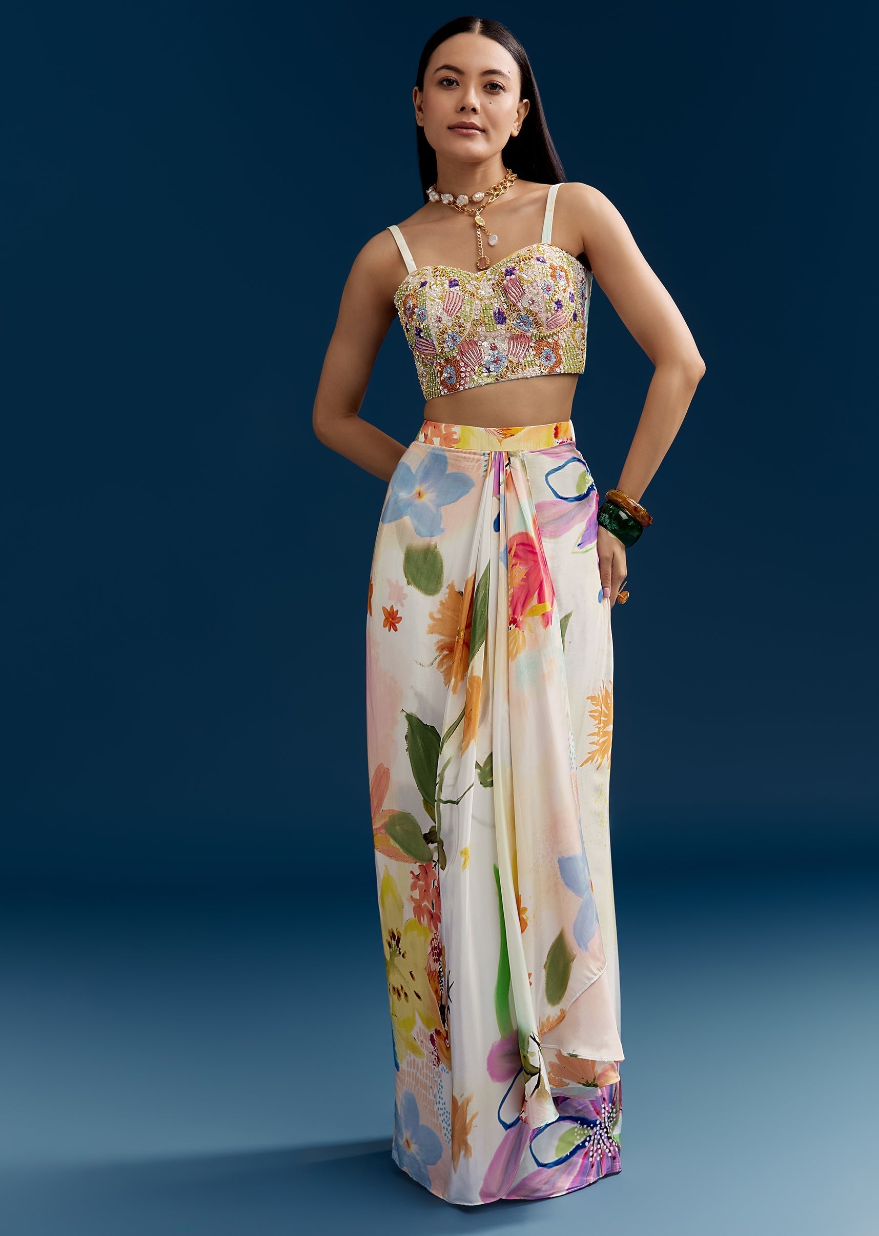 Floral Festive Couple Set – Cream Crop Top Skirt Set With Embroidered Cape For Her And Off-White Palazzo Kurta Set For Him