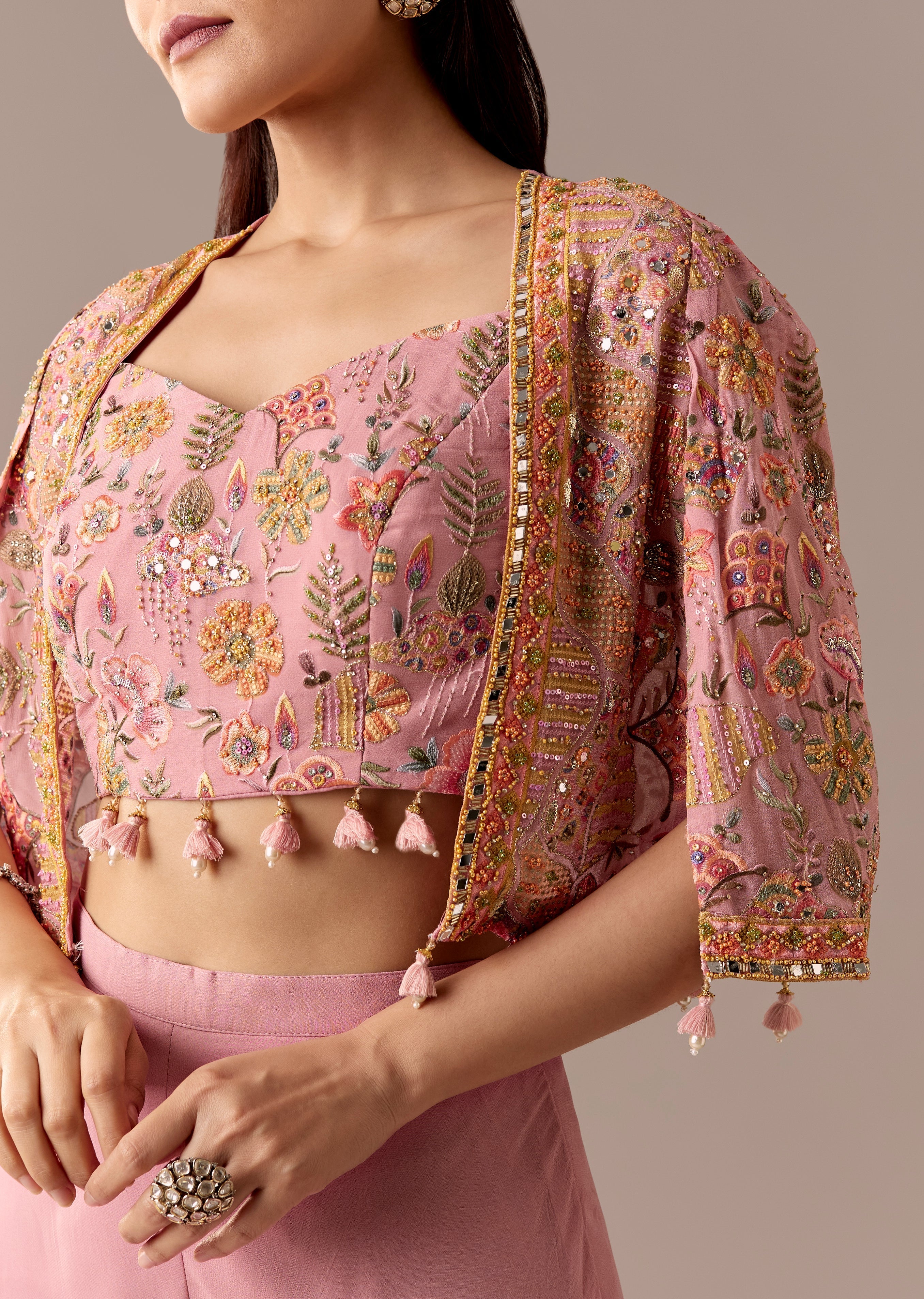 Festive Couple Set – Pink Embellished Cape Palazzo Set for Her And Blue Silk Kurta Set with Resham Embroidery for Him