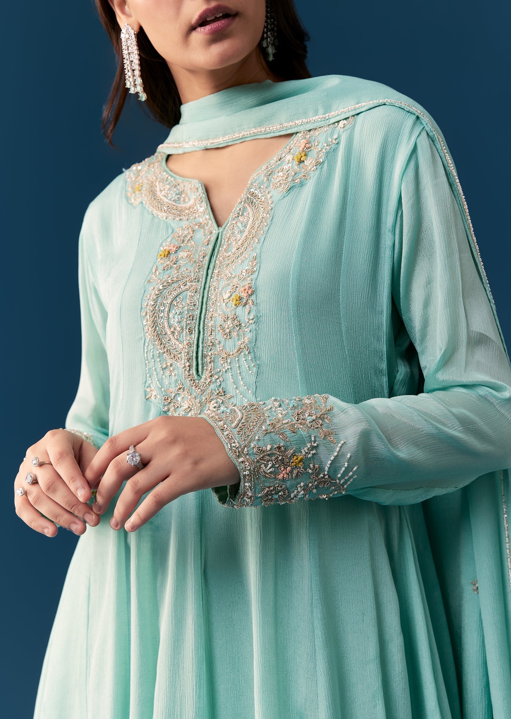 Sky Blue Chinon Anarkali Suit With Dupatta And Moti Cut Dana Work