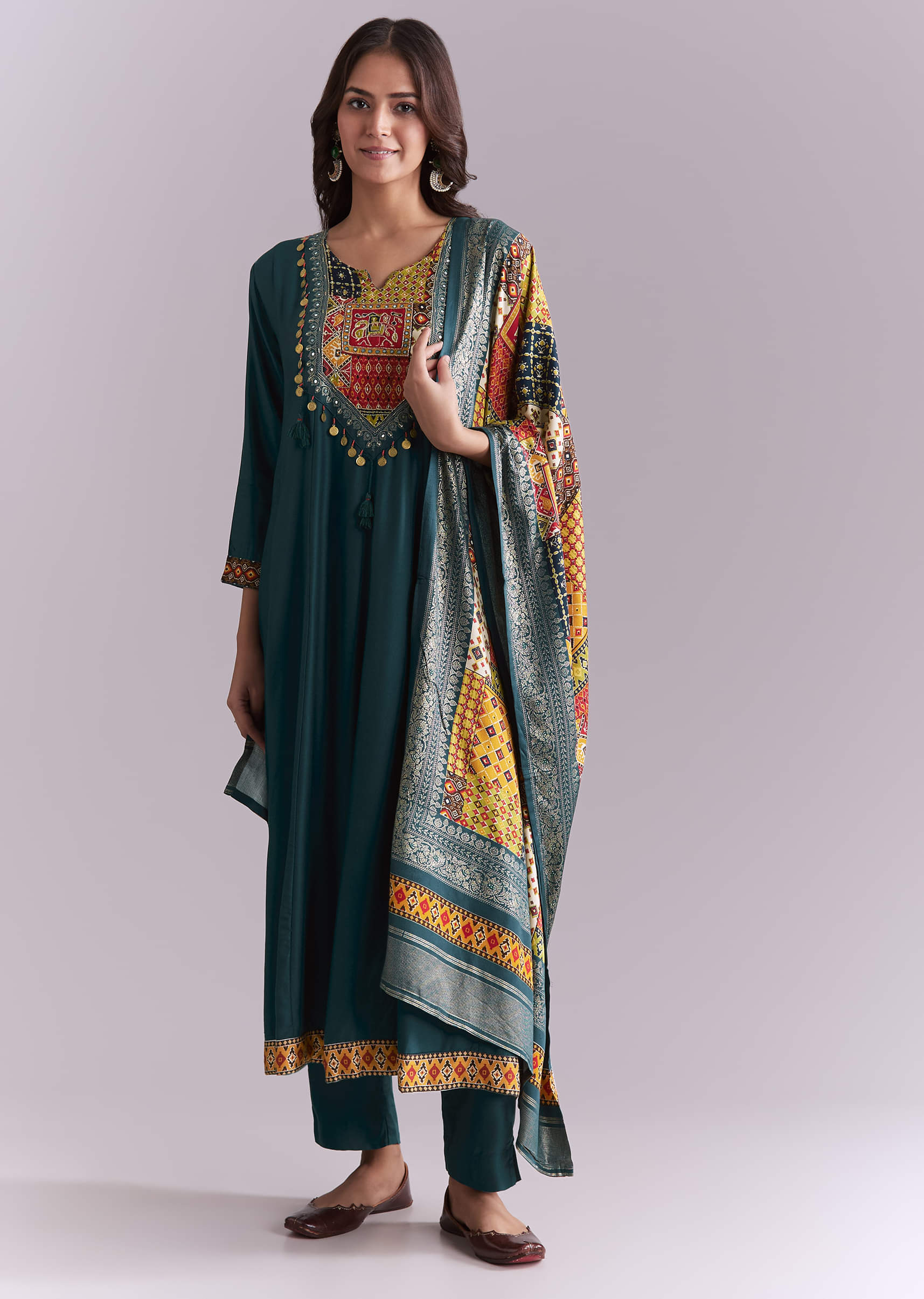 Teal Silk Anarkali Suit With Embroidery And Printed Patch Work