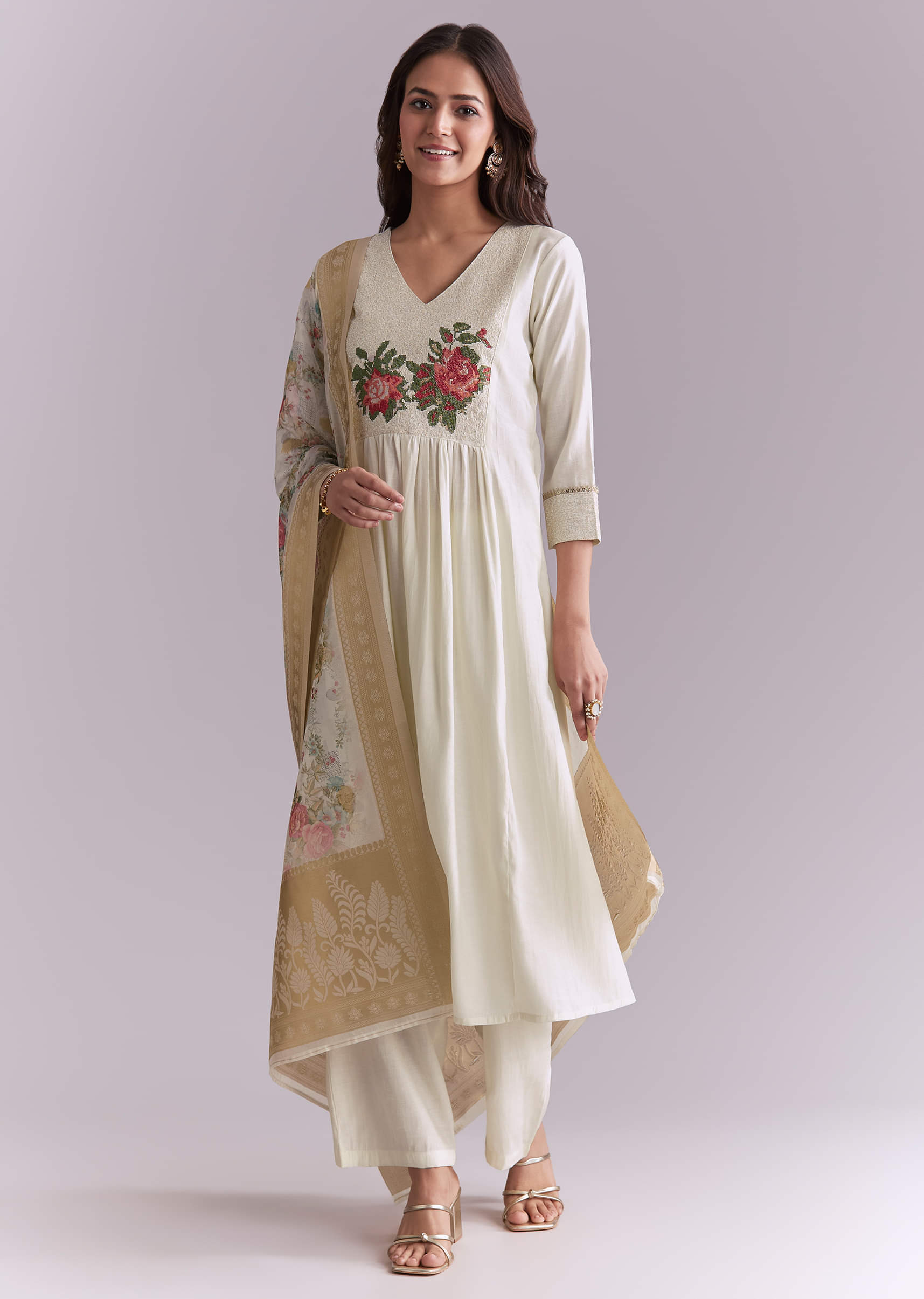 White Silk Anarkali Suit With Rose Motif And Thread Work