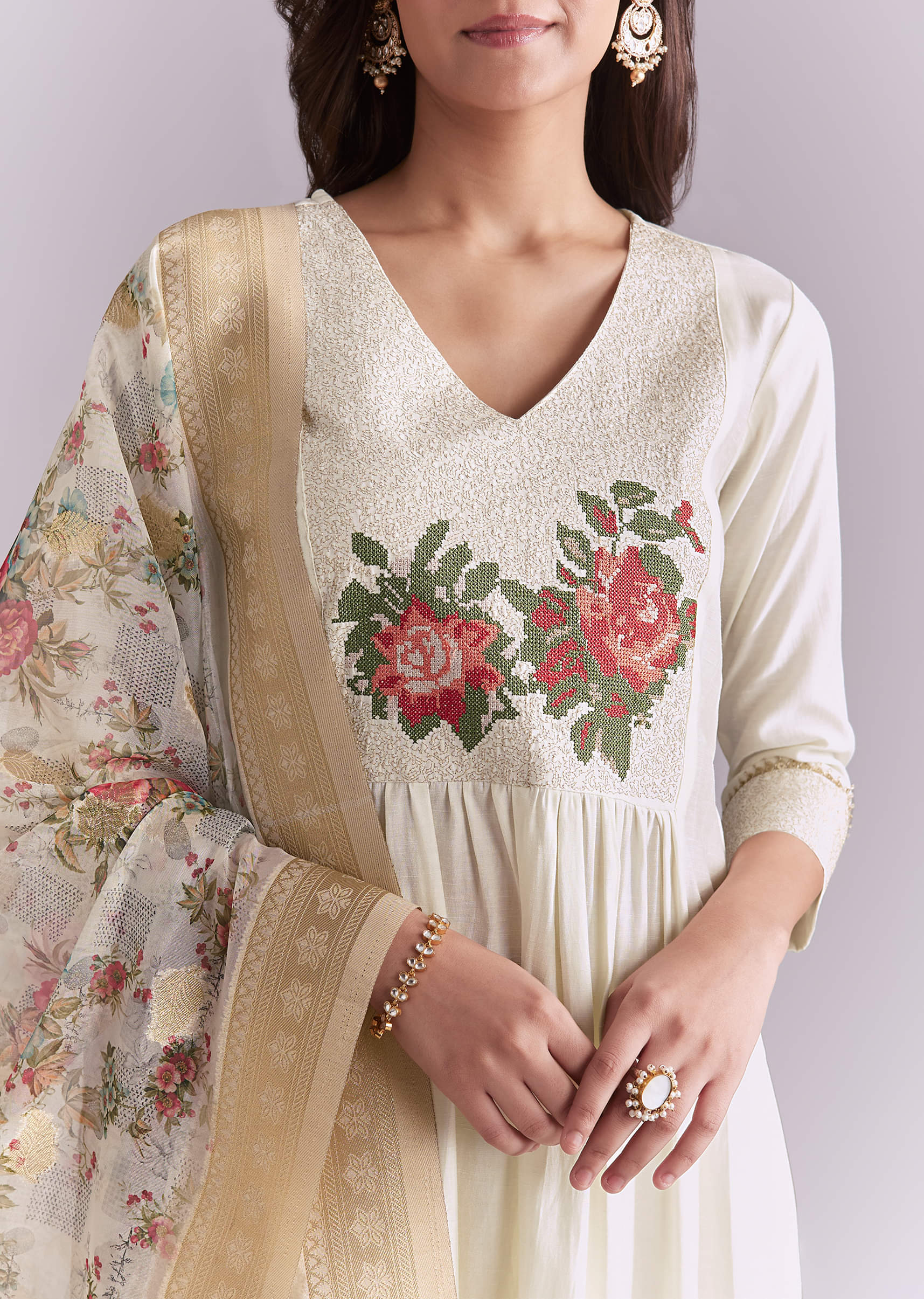 White Silk Anarkali Suit With Rose Motif And Thread Work