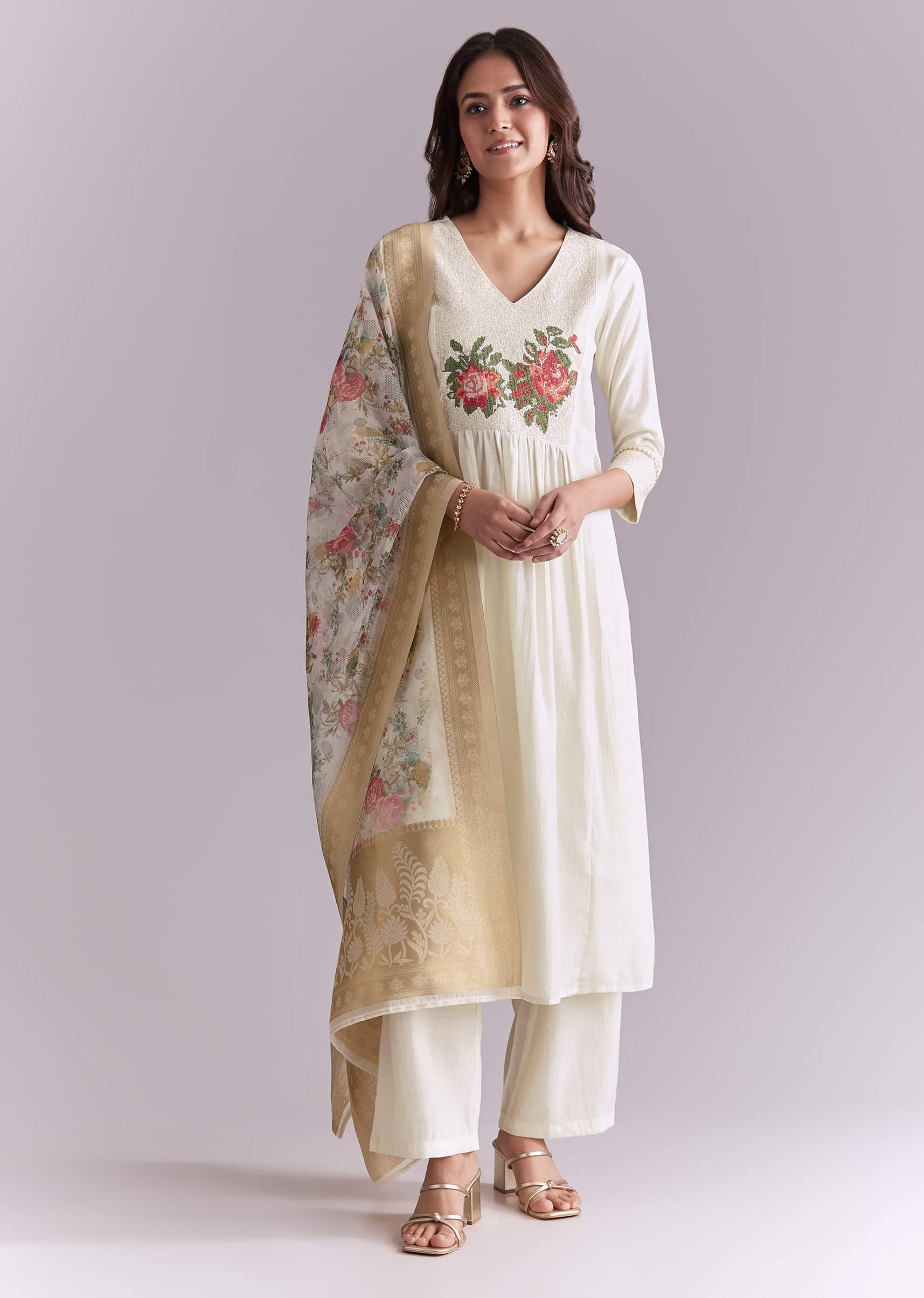 White Silk Anarkali Suit With Rose Motif And Thread Work