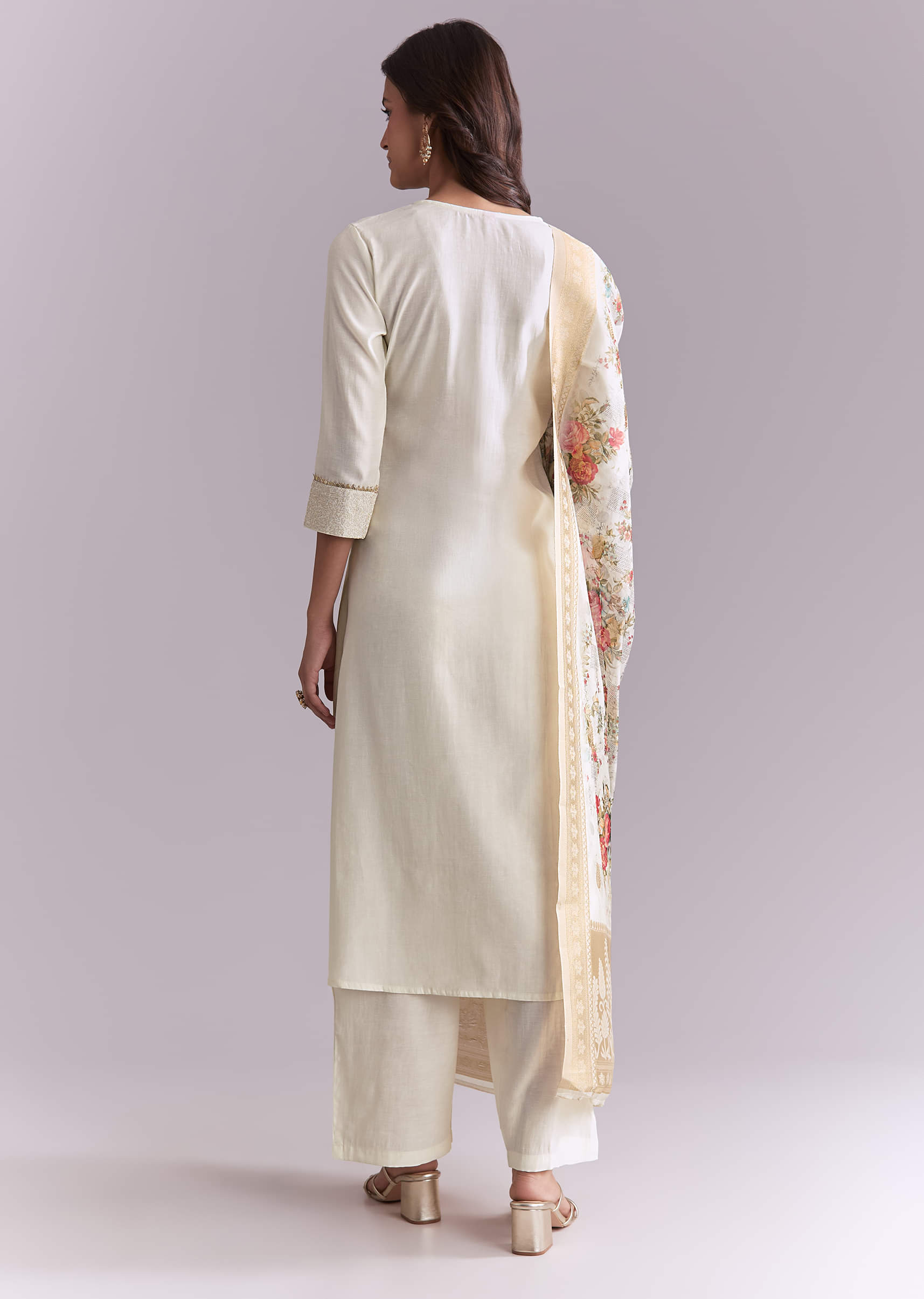 White Silk Anarkali Suit With Rose Motif And Thread Work
