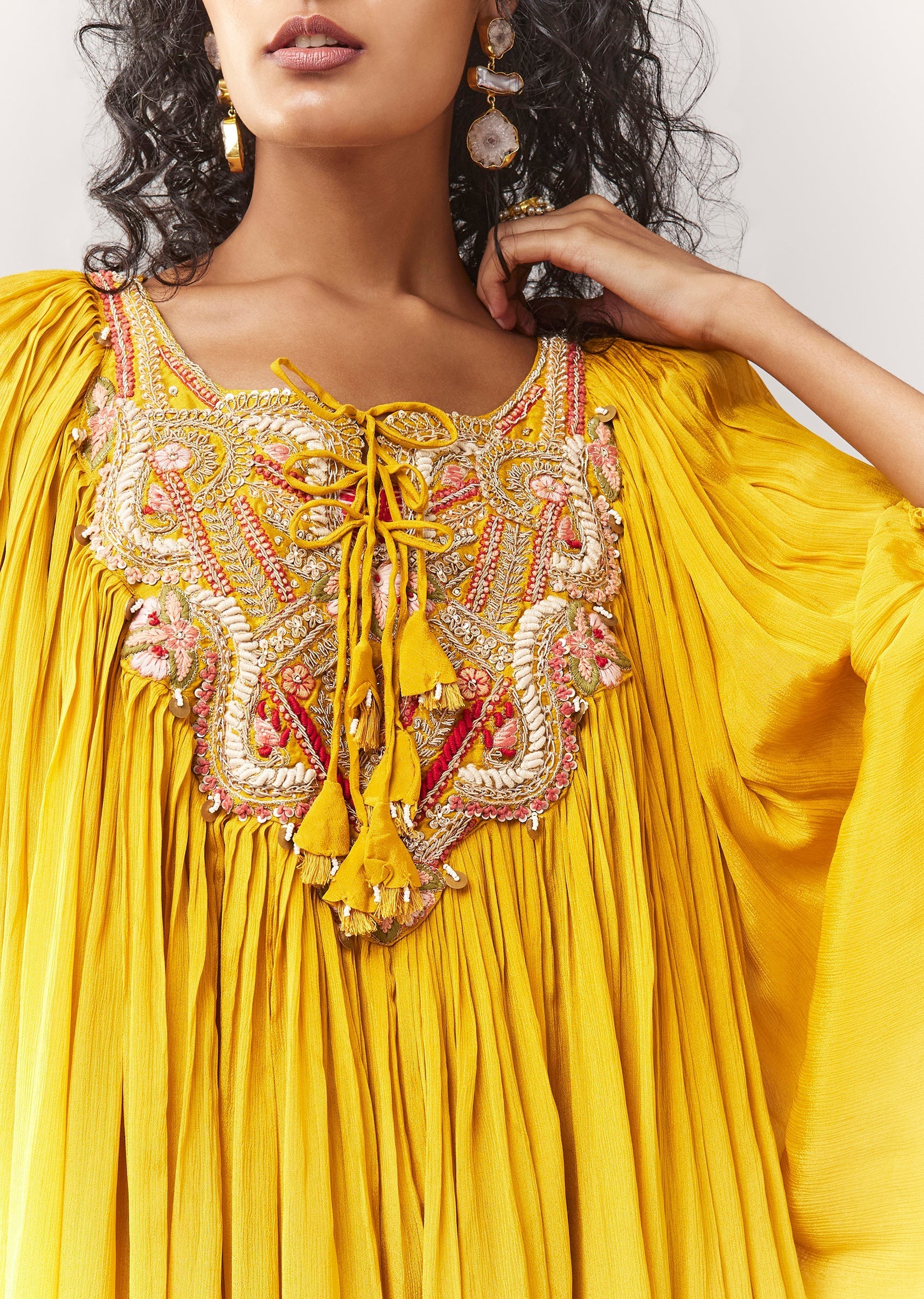 Yellow Cape Style Top Set With Thread And Zardosi Work