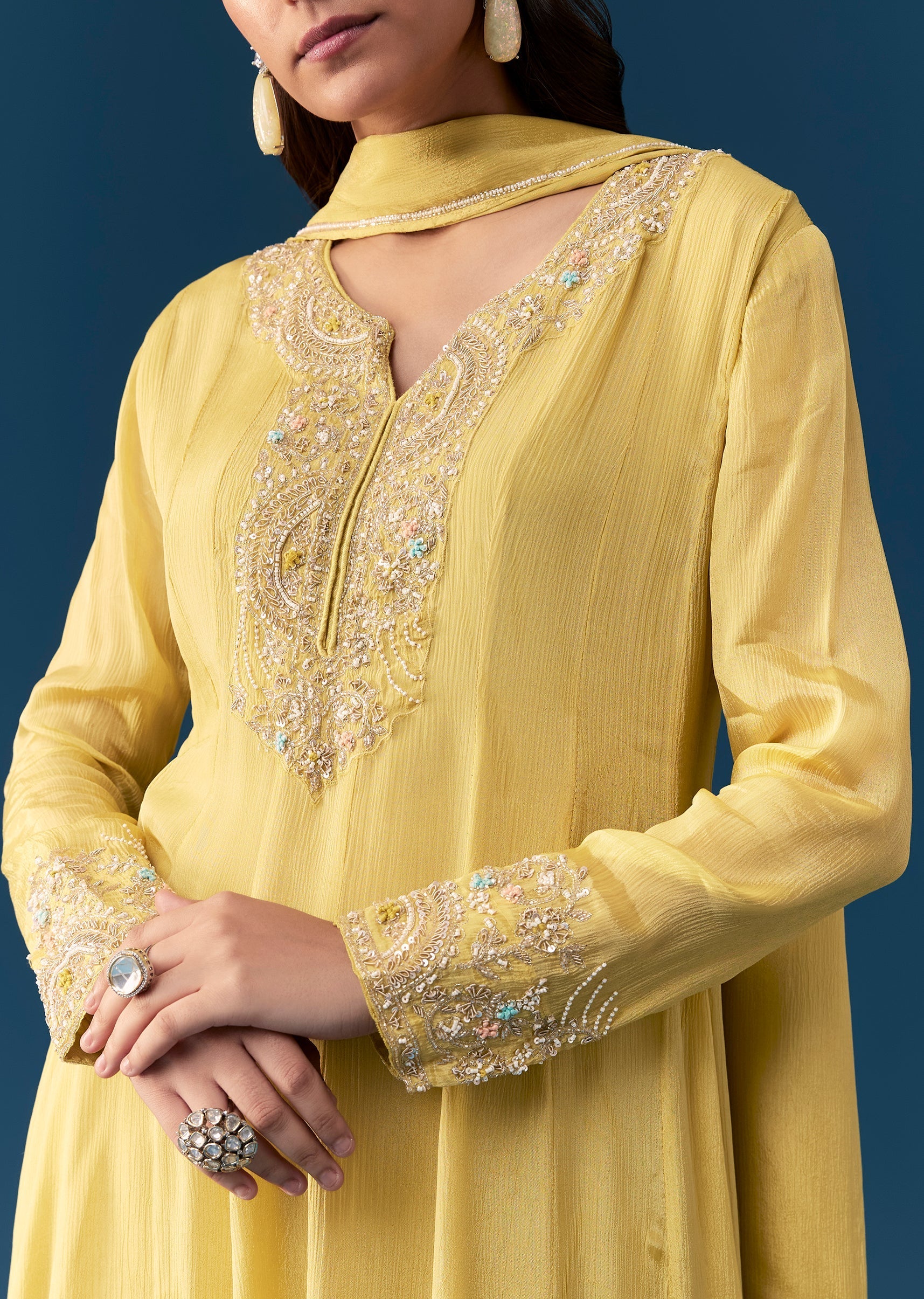 Yellow Chinon Anarkali Set With Moti And Cut Dana Work