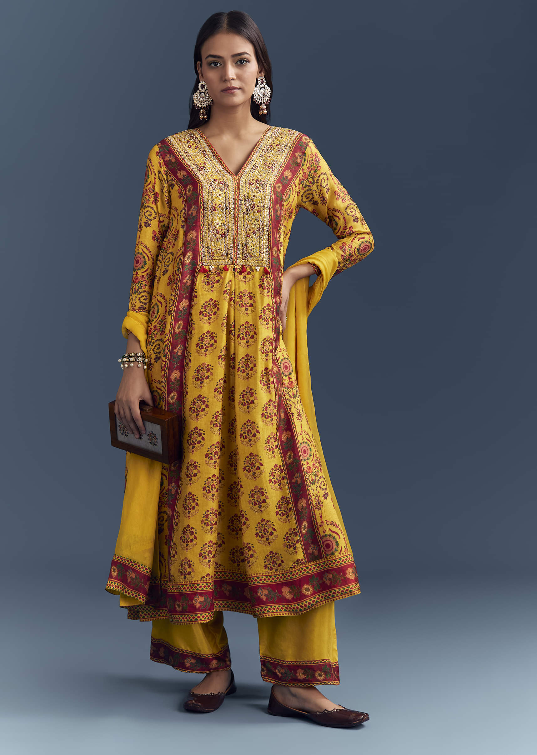 Yellow Silk Anarkali Suit With Floral Print And Zari Embroidery
