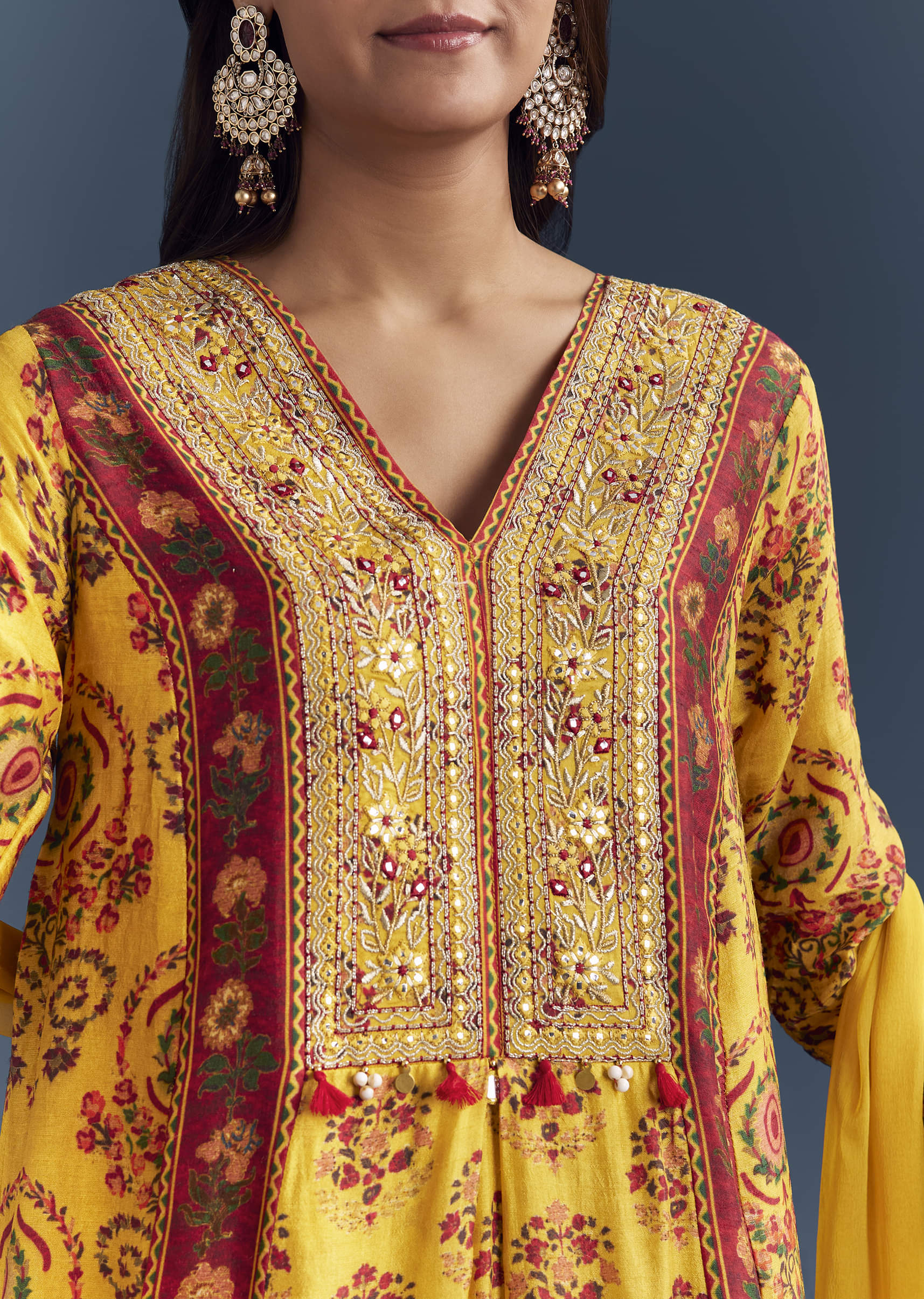 Yellow Silk Anarkali Suit With Floral Print And Zari Embroidery