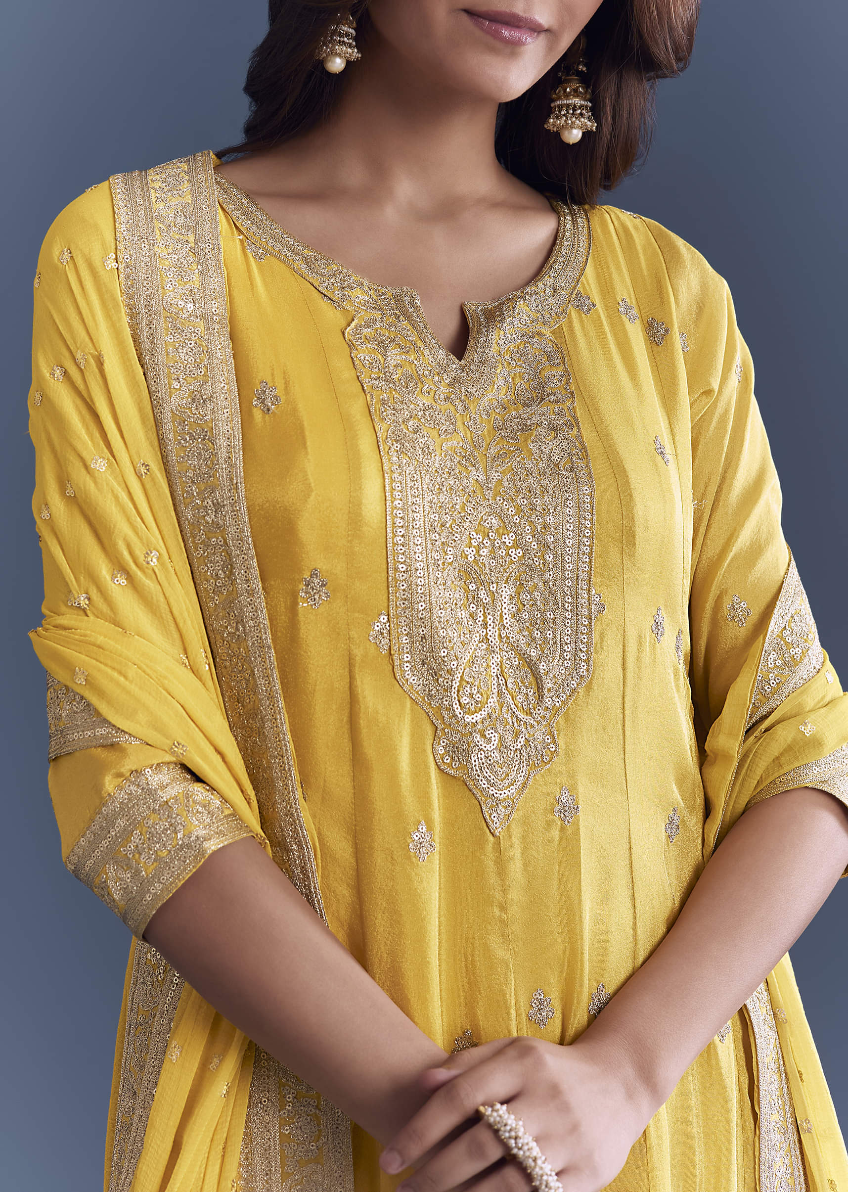 Yellow Tissue Anarkali Suit With Sequins And Zari Work