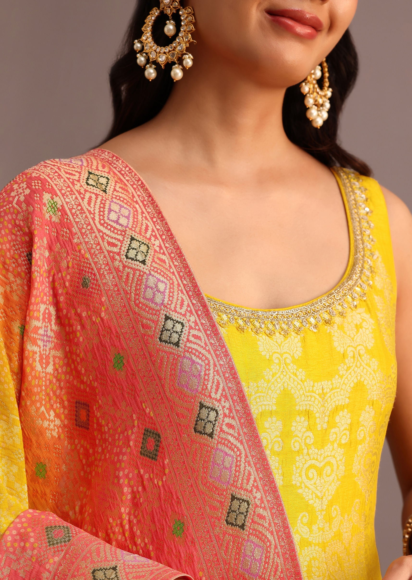 Yellow Brocade Weave Anarkali Set With Dupatta