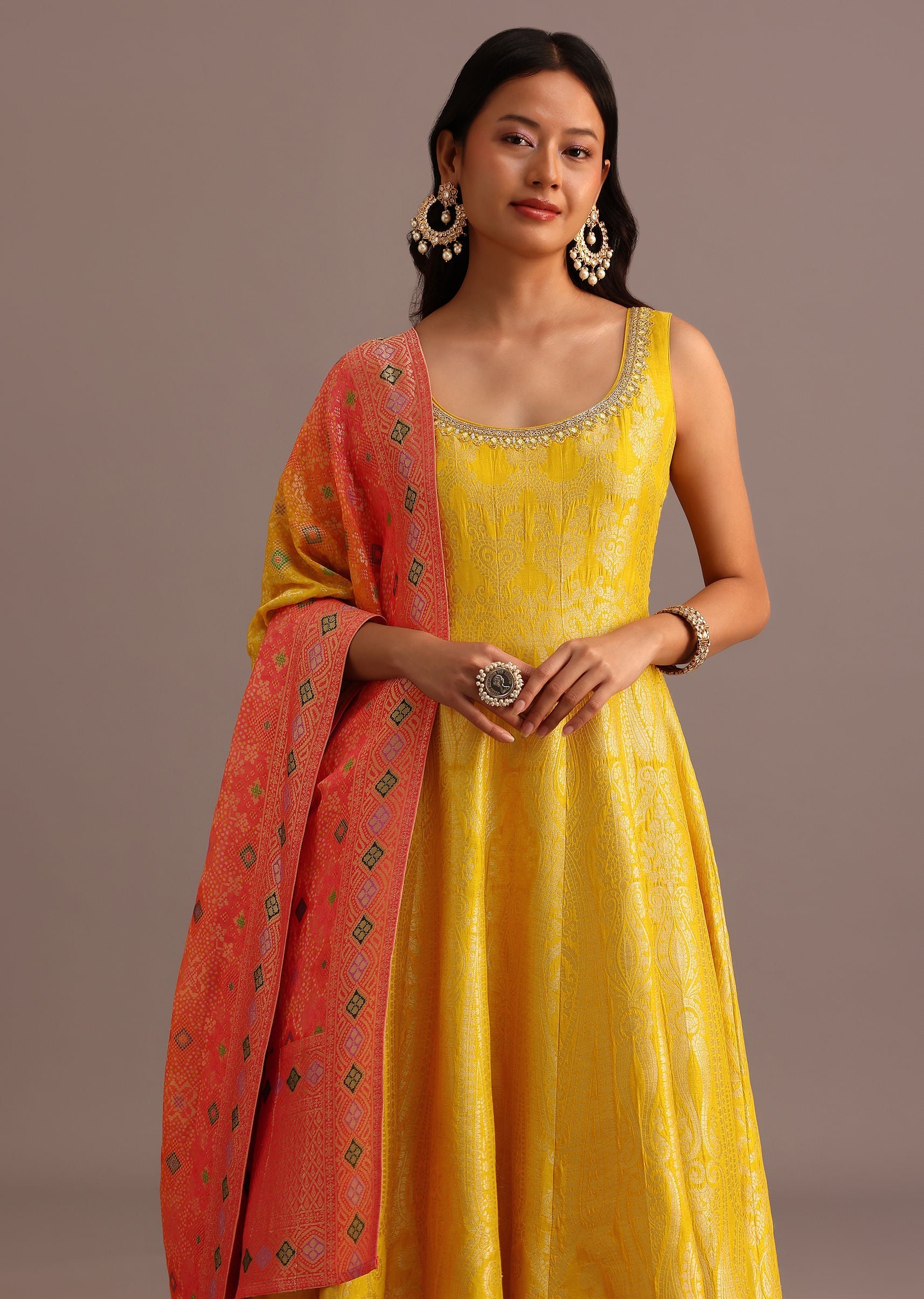 Yellow Brocade Weave Anarkali Set With Dupatta
