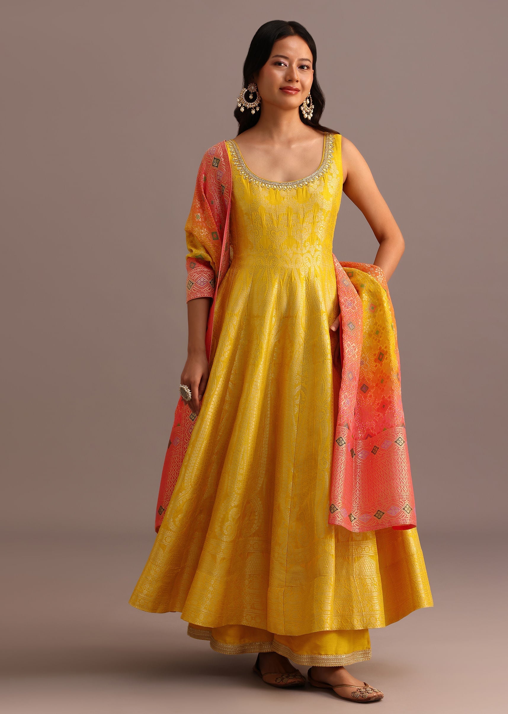 Yellow Brocade Weave Anarkali Set With Dupatta