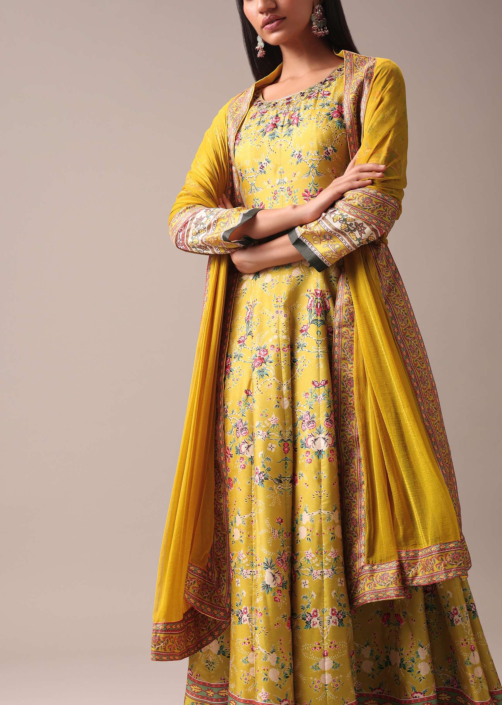 Yellow Floral Printed Anarkali Suit Set In Silk