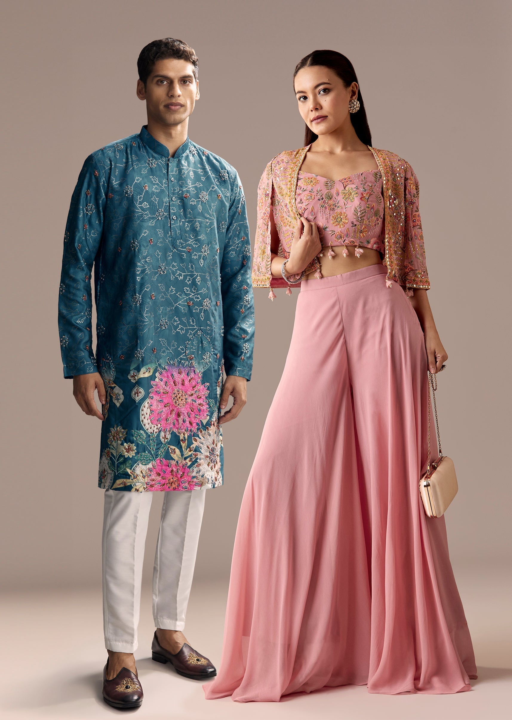 Festive Couple Set – Pink Embellished Cape Palazzo Set for Her And Blue Silk Kurta Set with Resham Embroidery for Him