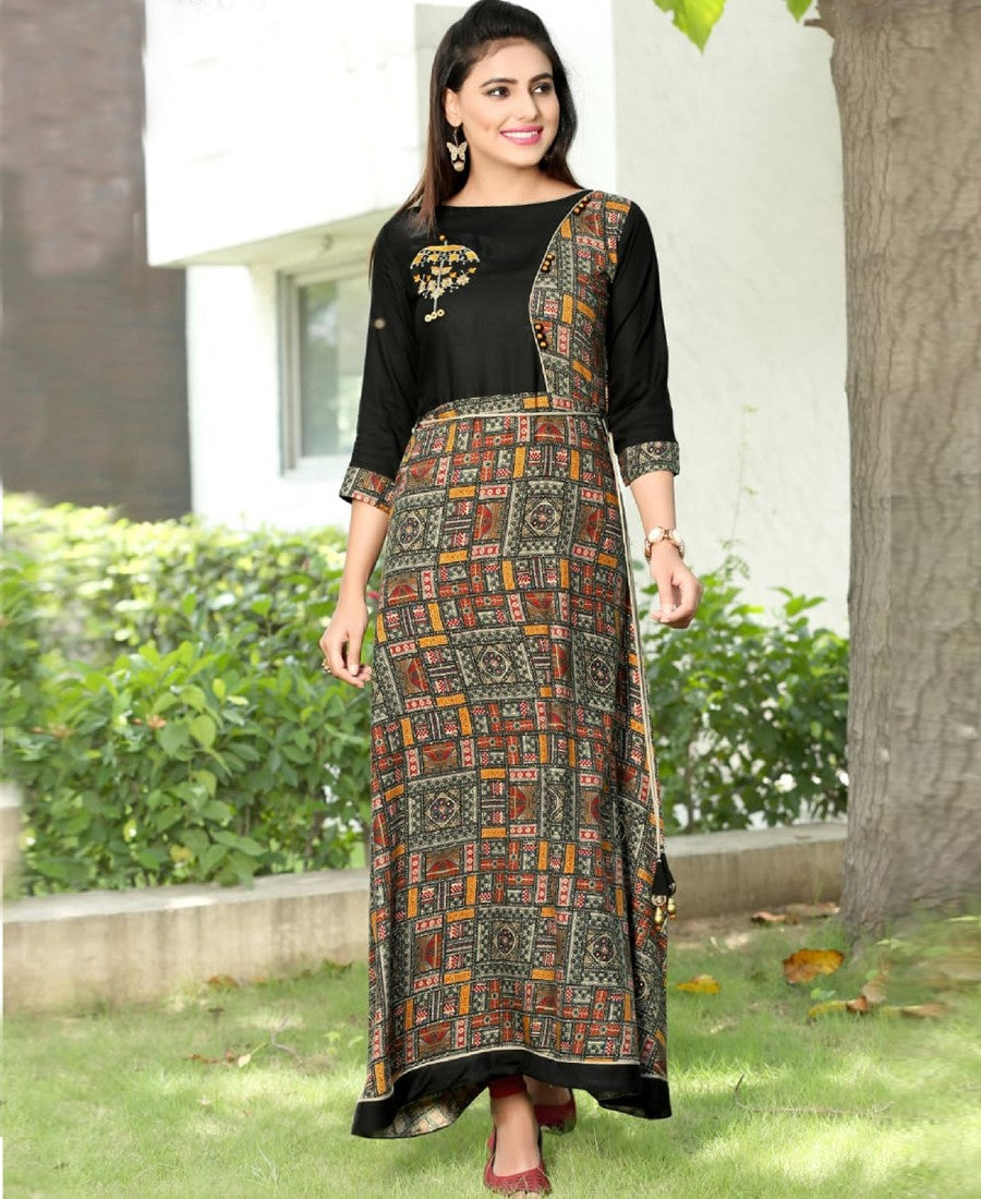 RE - Graceful Black rayon print stitched kurti