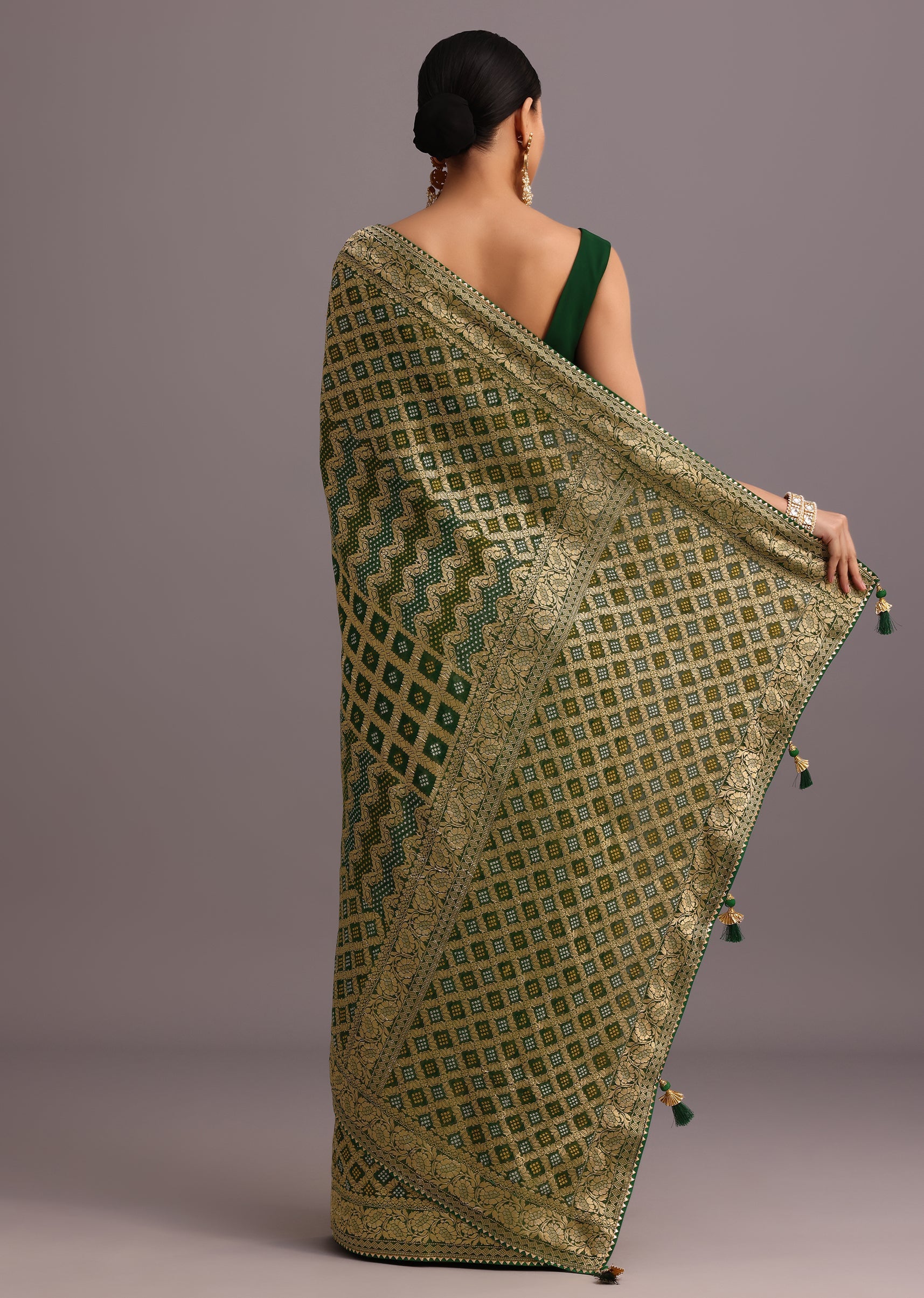 Green Khaddi Georgette Bandhani Saree With Zari Jaal Motif Weave