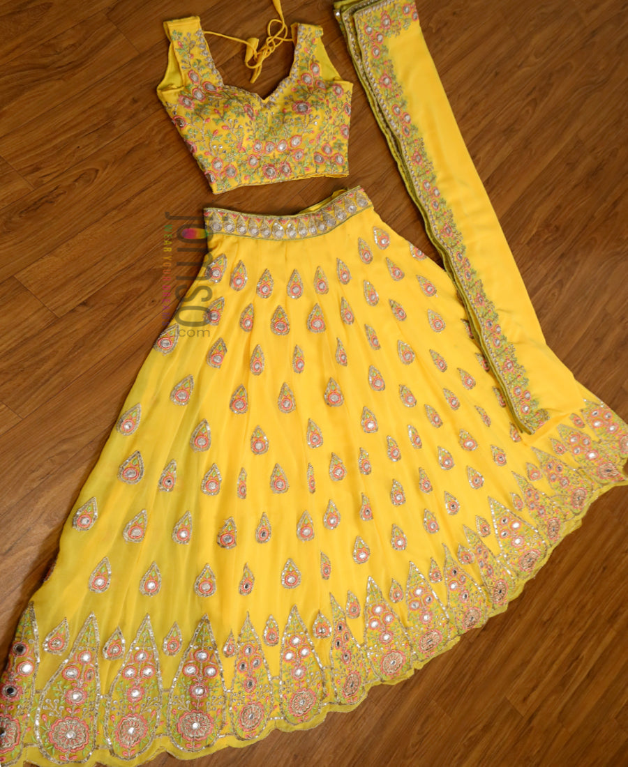 Yellow Color Georgette Mirror Embroidery Work Lehenga Choli