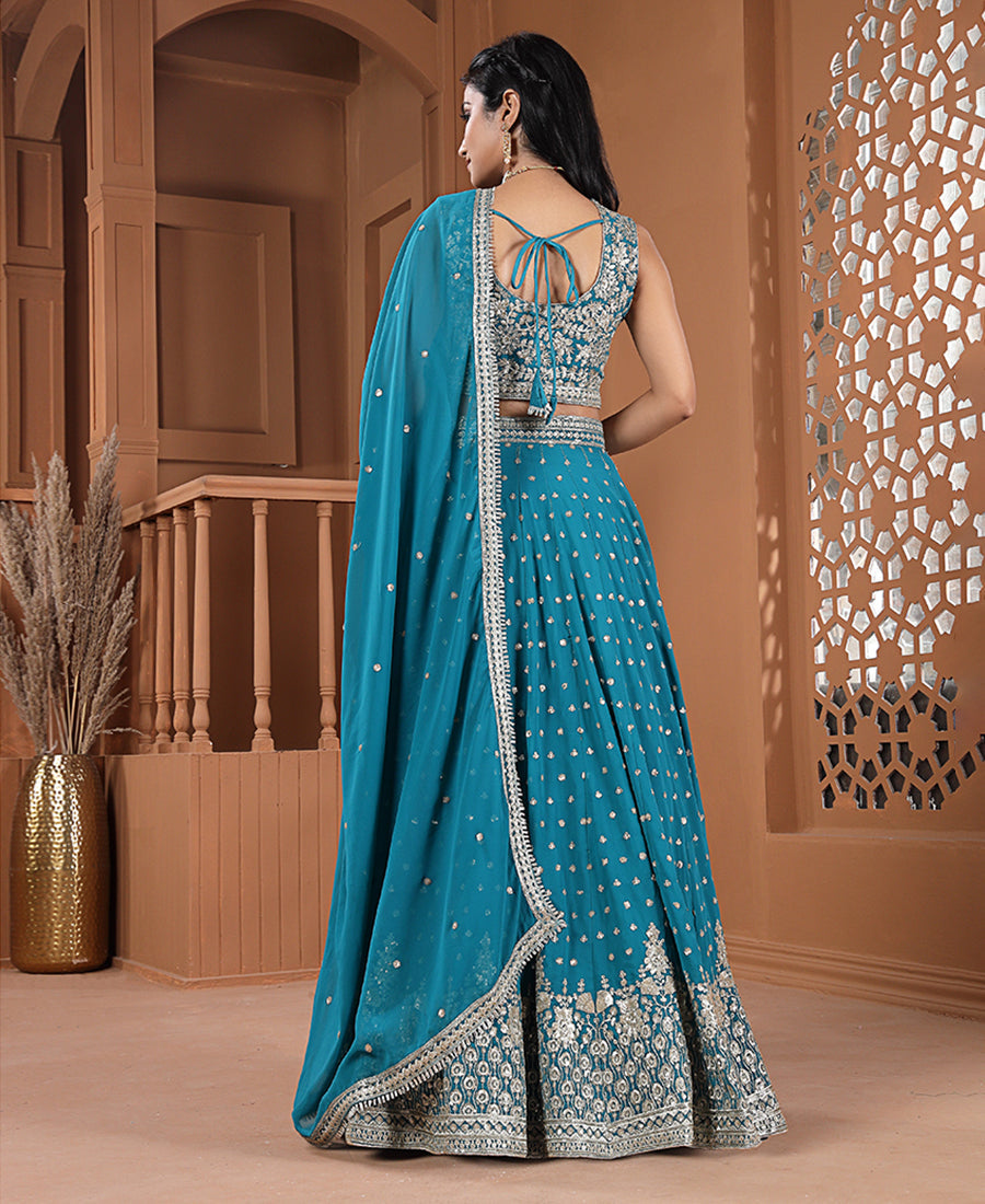 Teal Blue Sequins Embroidered Lehenga Choli