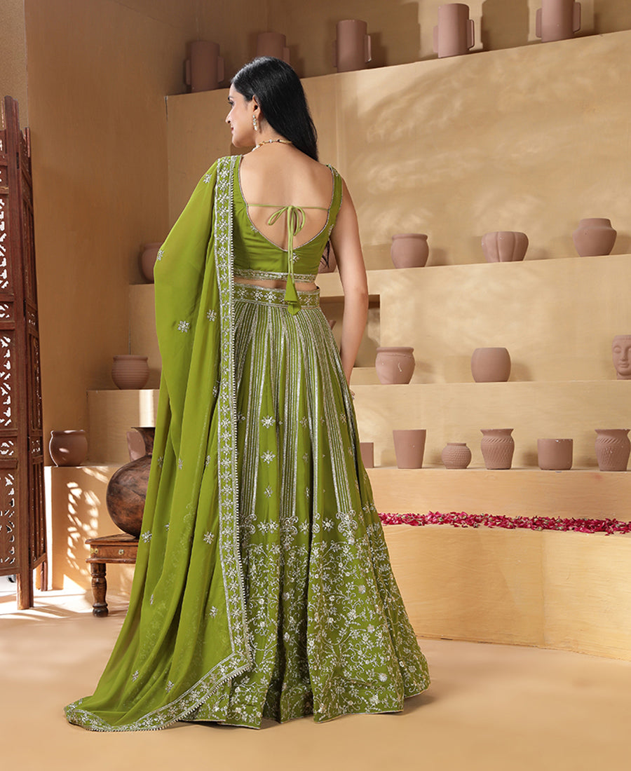 Green Color Georgette Sequins Work Semi-stiched Lehenga Choli
