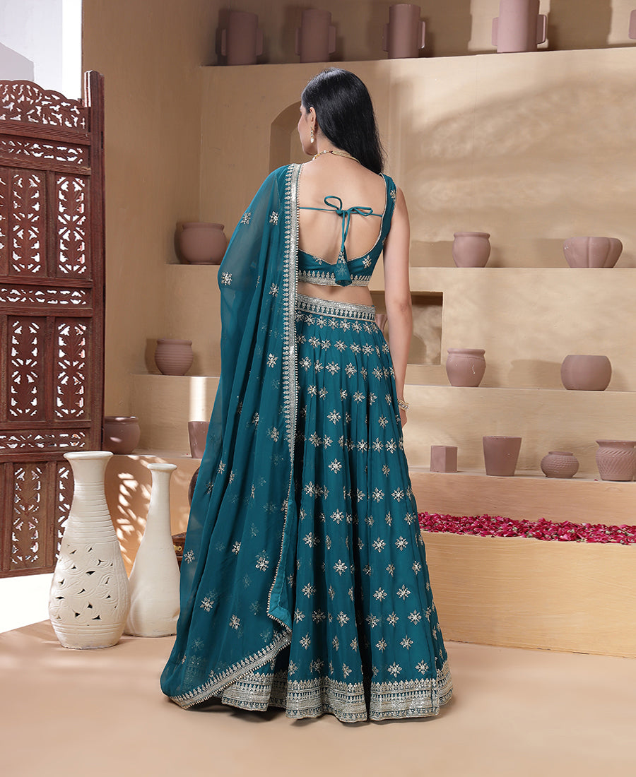 Teal Blue Sequins Embroidered Lehenga Choli