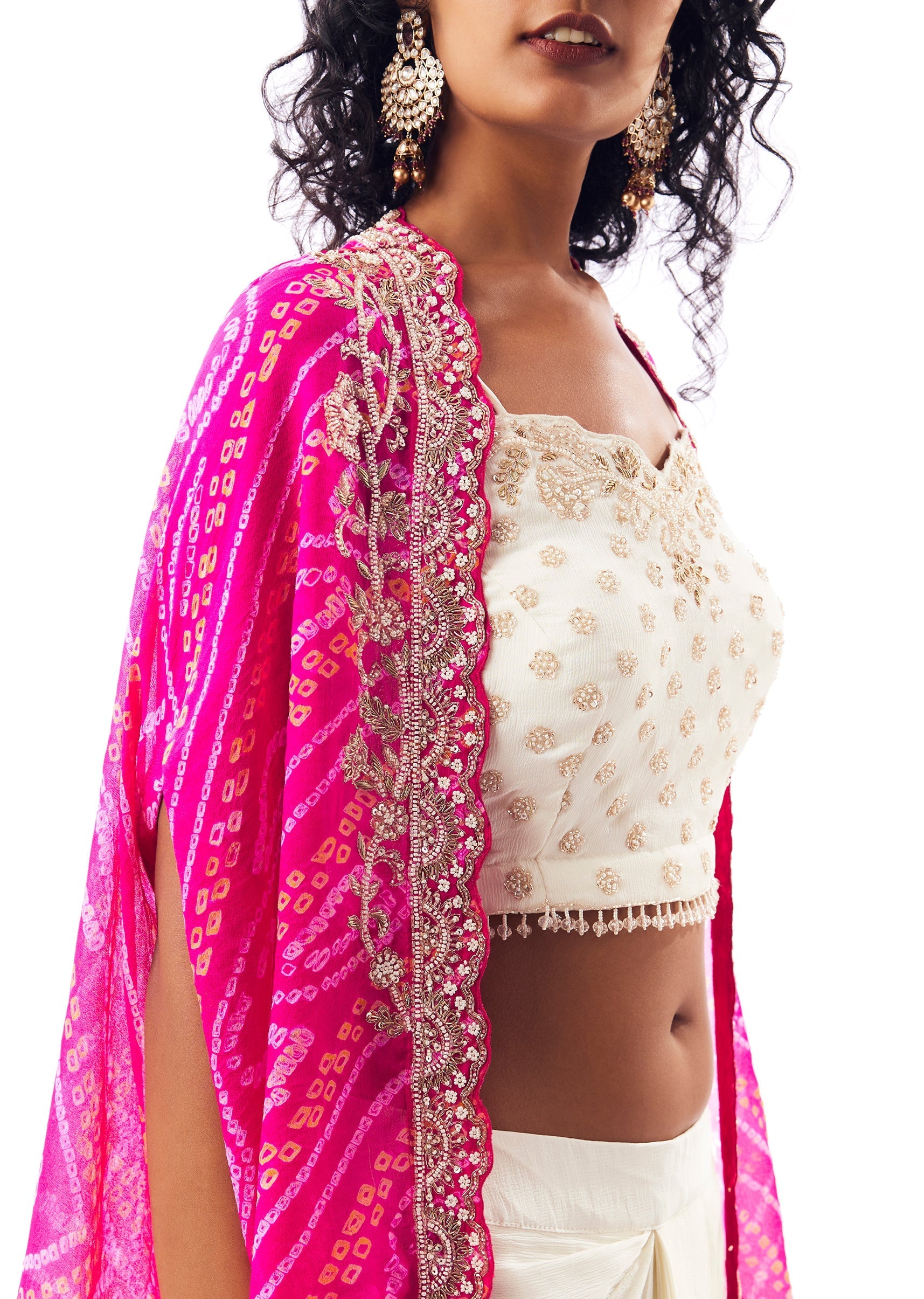 Bandhani Cape Set With Embellished Crop Top And Flared Skirt