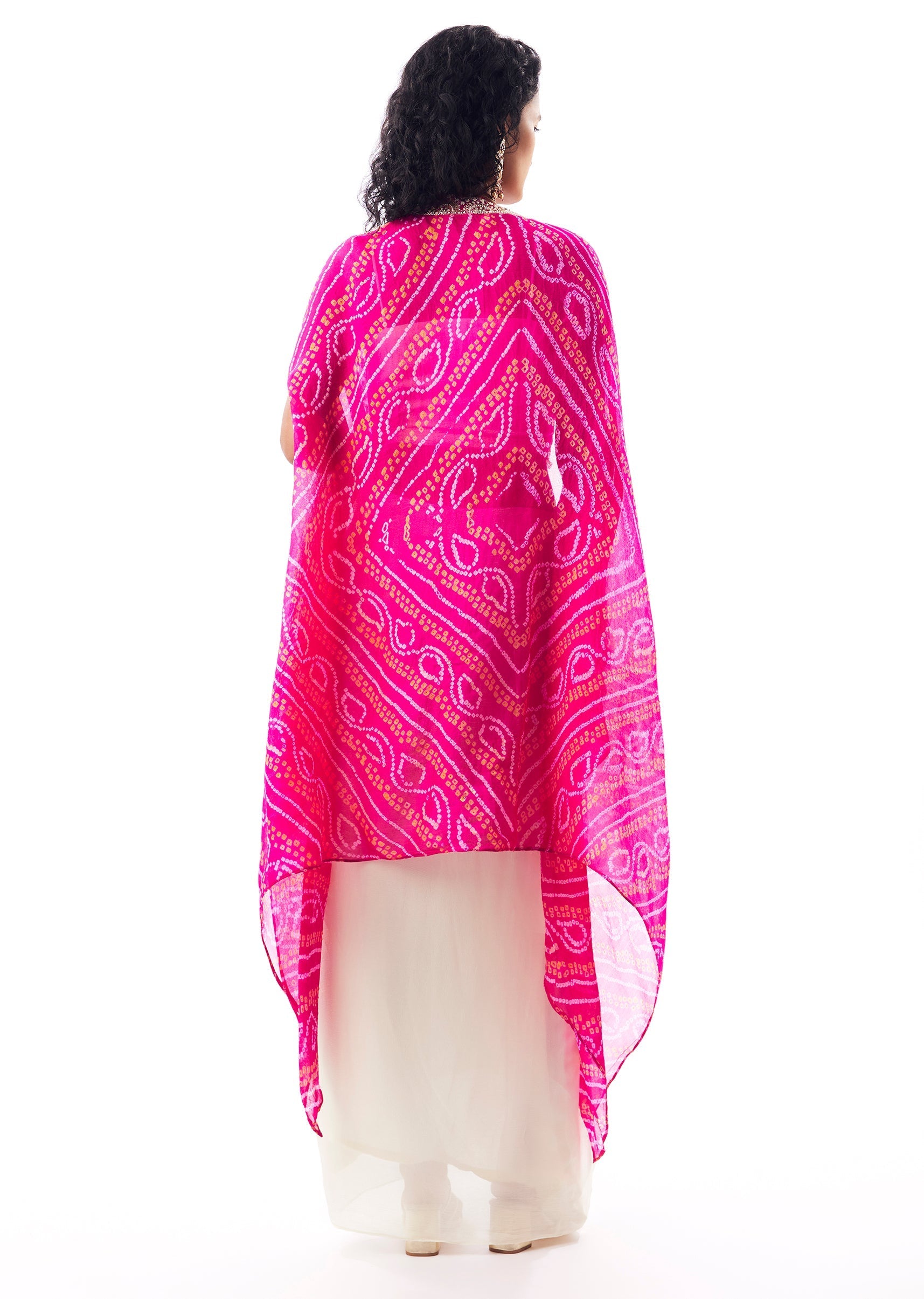 Bandhani Cape Set With Embellished Crop Top And Flared Skirt