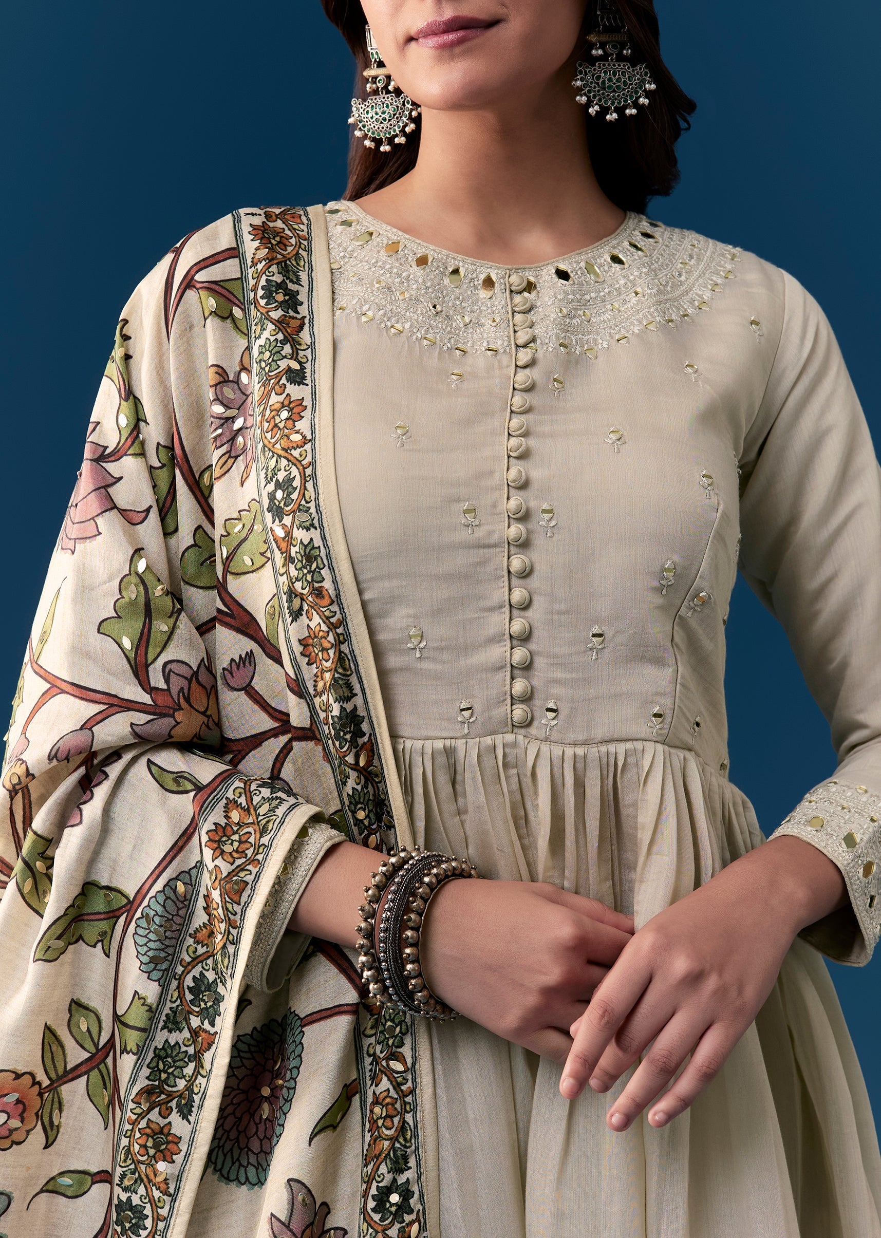 Beige Chanderi Anarkali Set With Mirror And Sequins Work