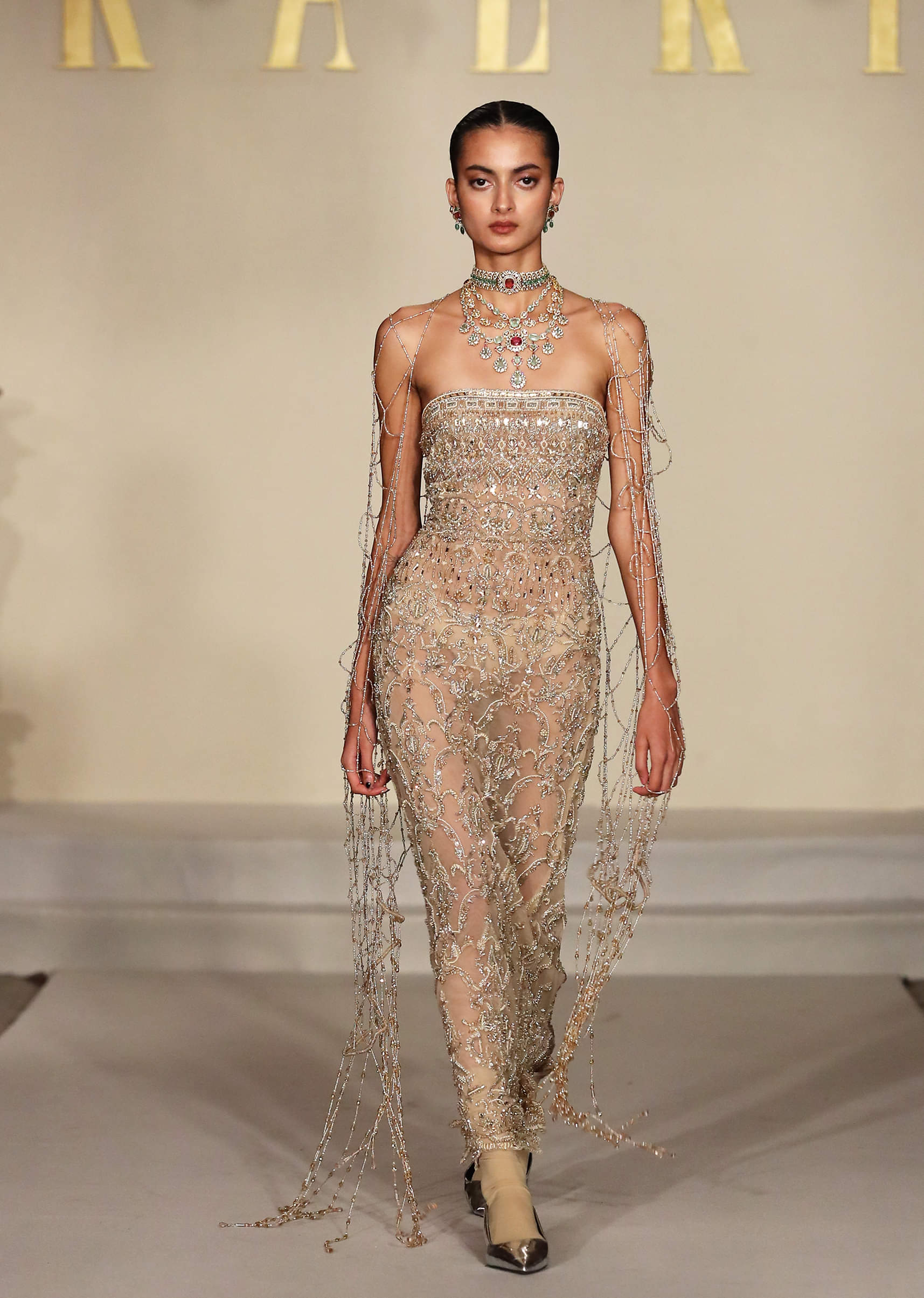 Beige Ivory Net Tube Ankle Length Gown With Shimmer Accents