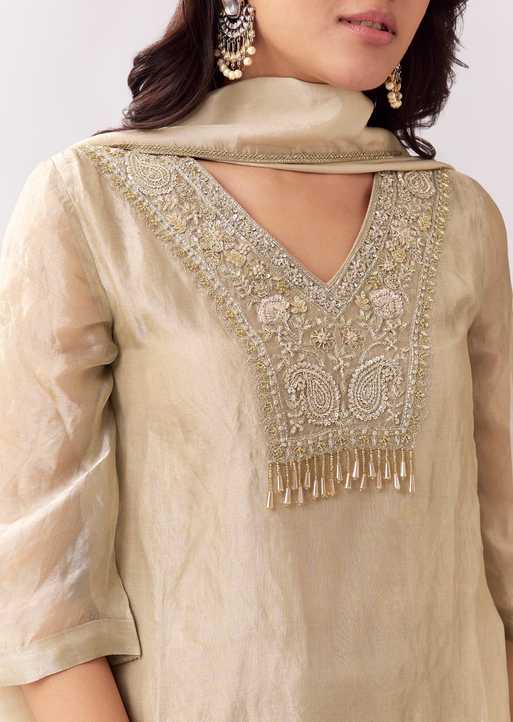 Beige Shimmer Palazzo Suit With Sequin Work