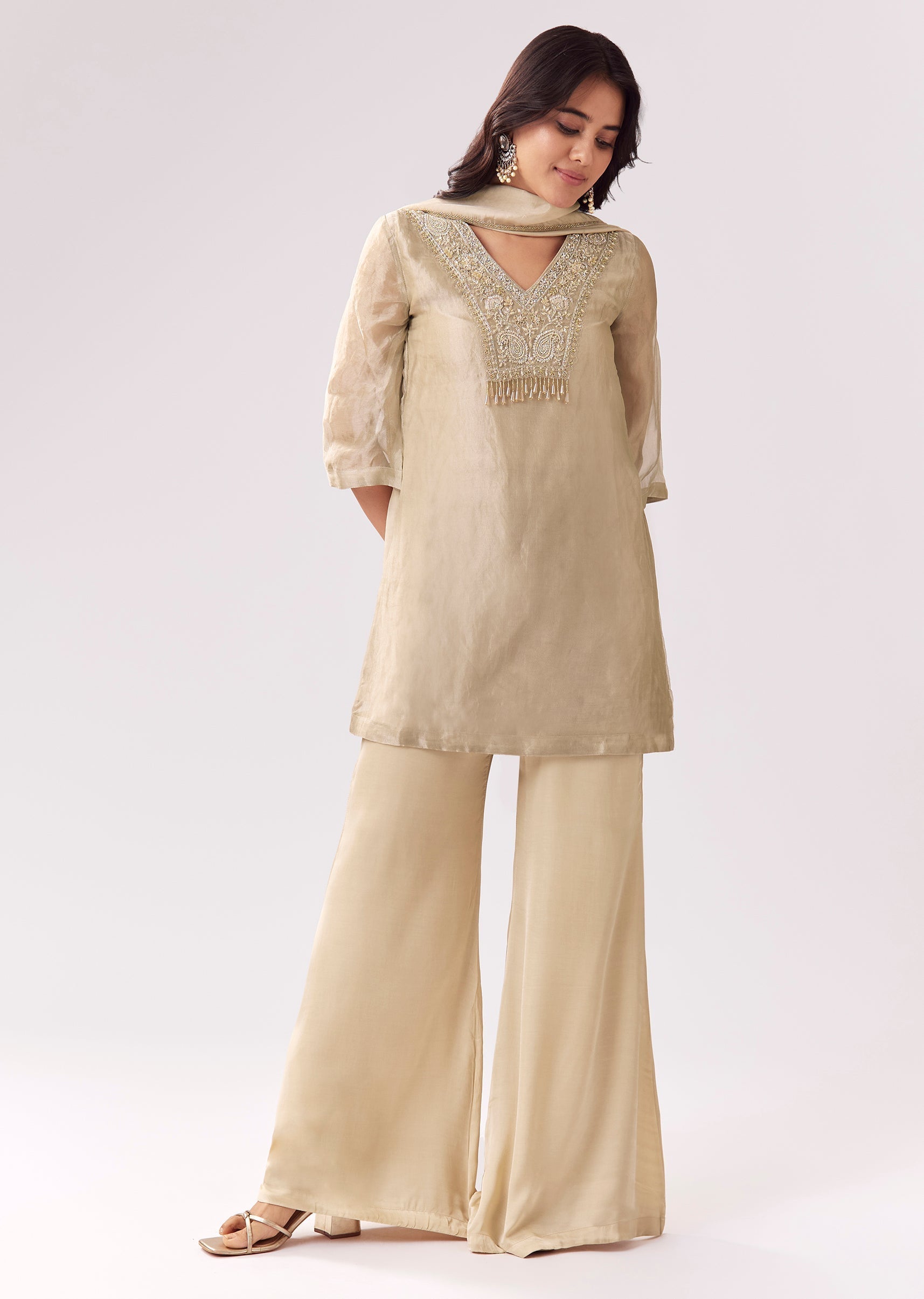 Beige Shimmer Palazzo Suit With Sequin Work