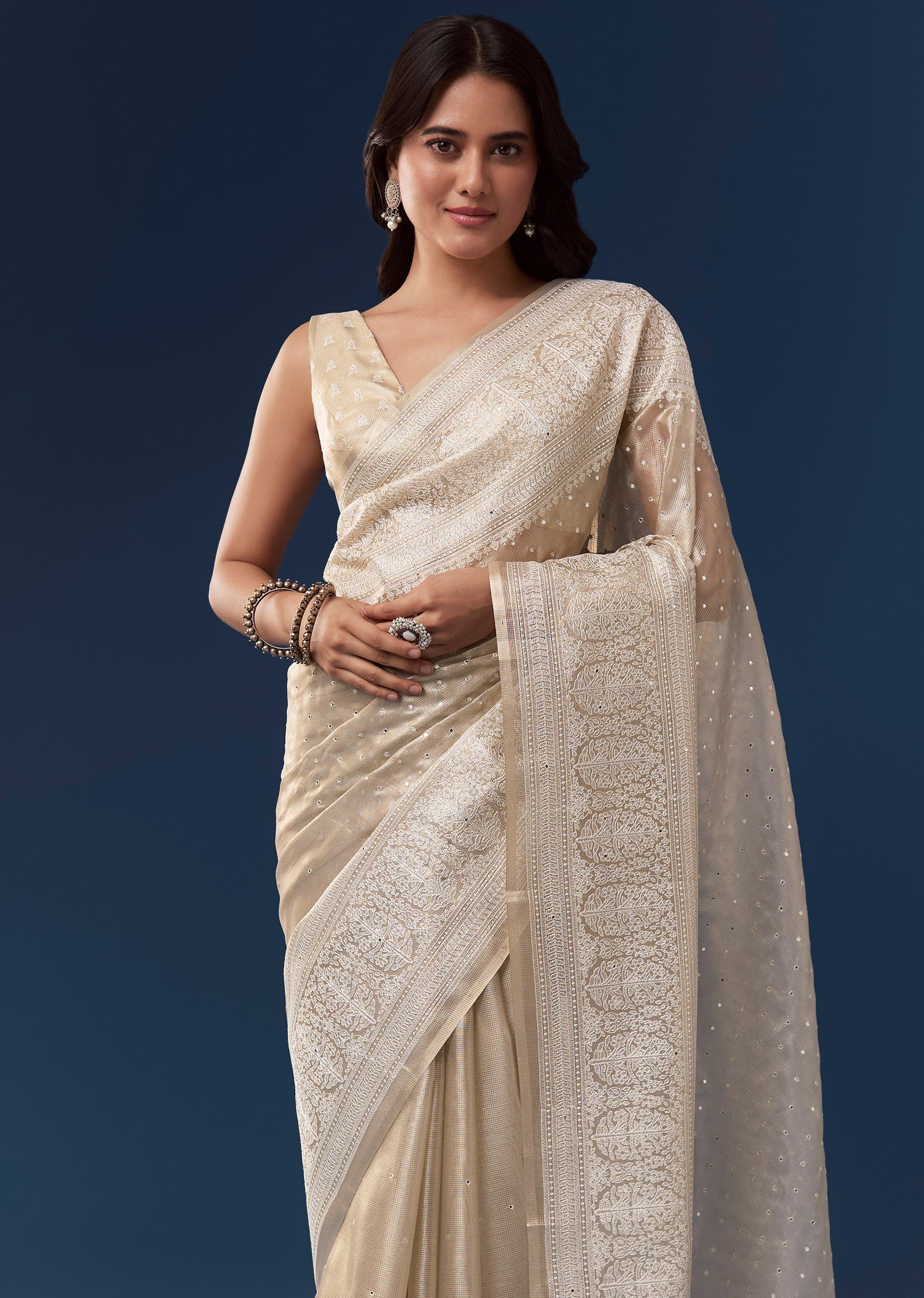 Beige Tissue Saree With Resham Thread Border And Mirror Work