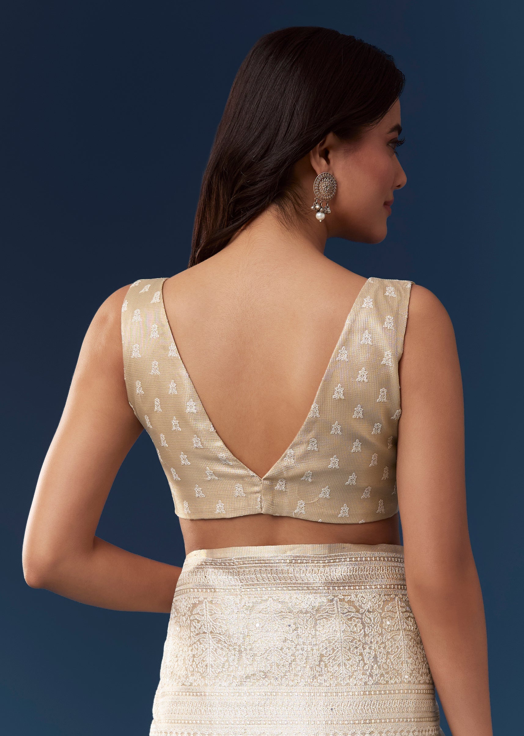 Beige Tissue Saree With Resham Thread Border And Mirror Work