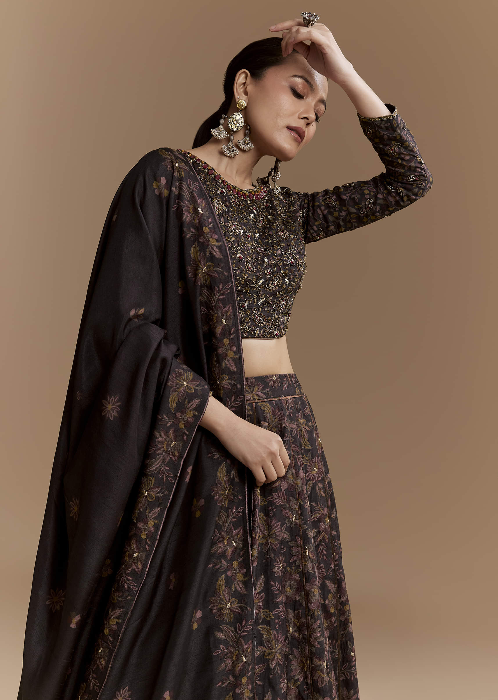 Black Floral Print Silk Brdiesmaid Lehenga Set with Dupatta