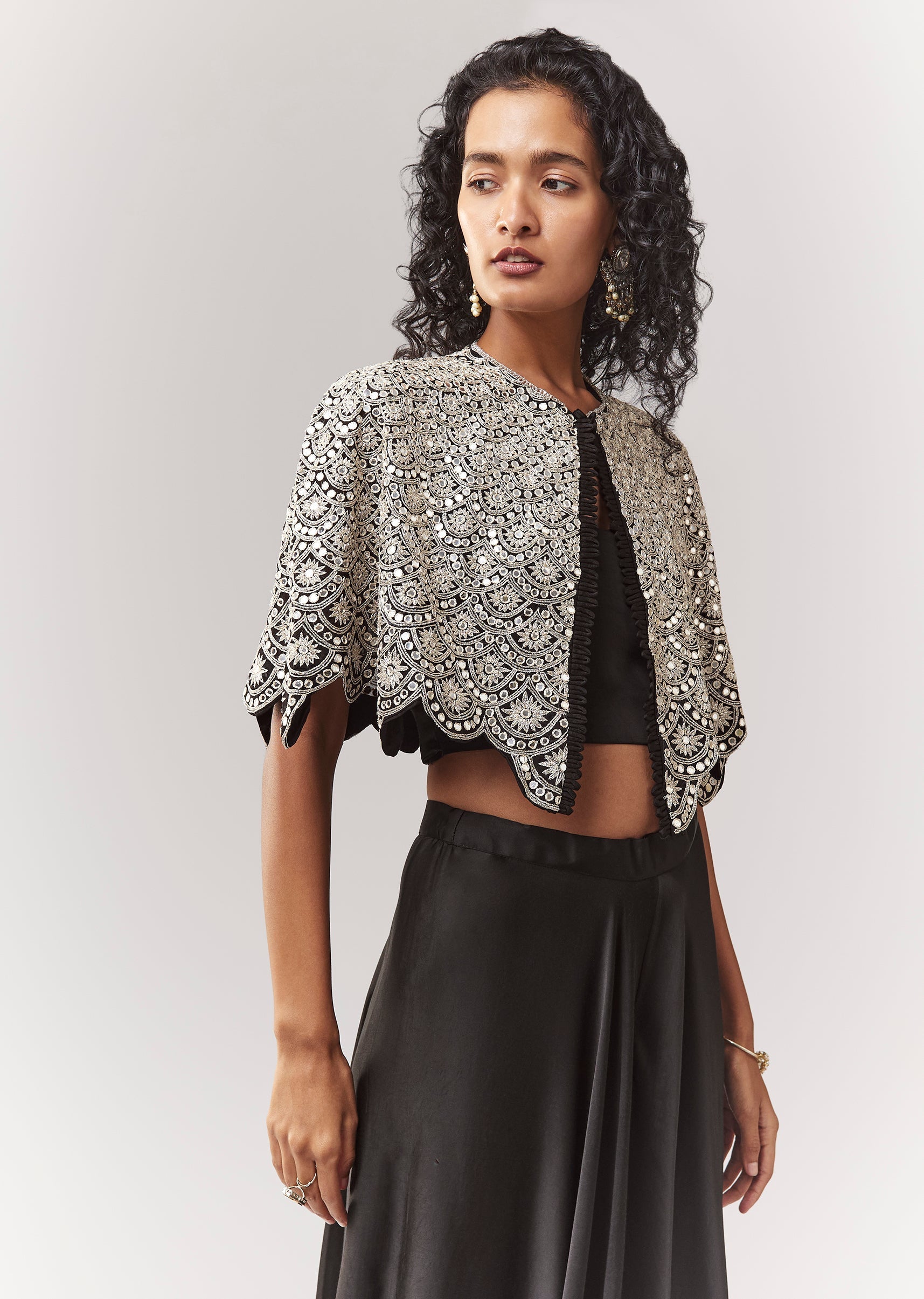 Black Mirror And Cutdana Work Cape Set With Palazzo