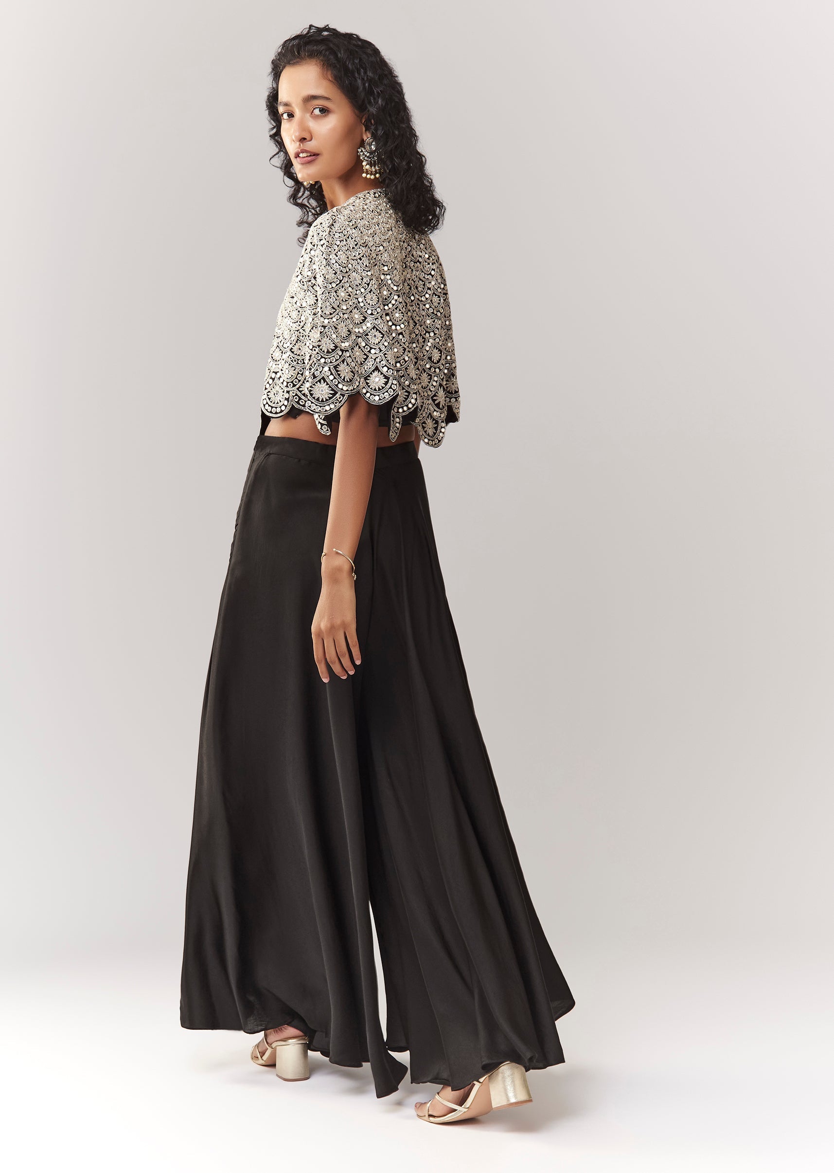 Black Mirror And Cutdana Work Cape Set With Palazzo