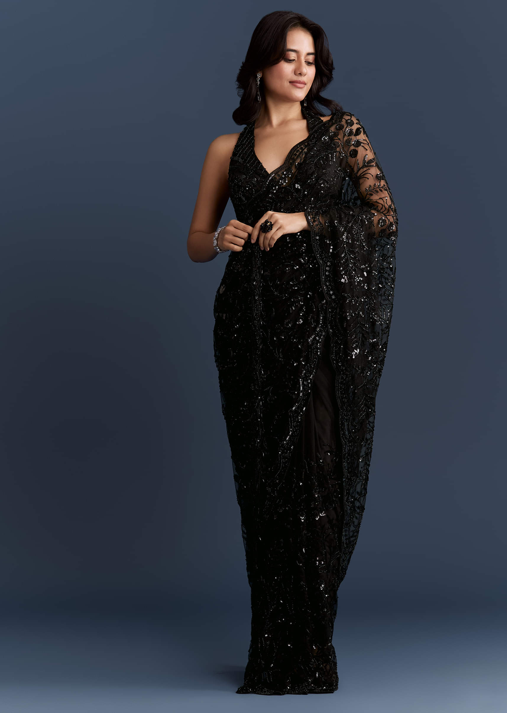 Black Net Saree With Intricate Floral Sequins Embroidery