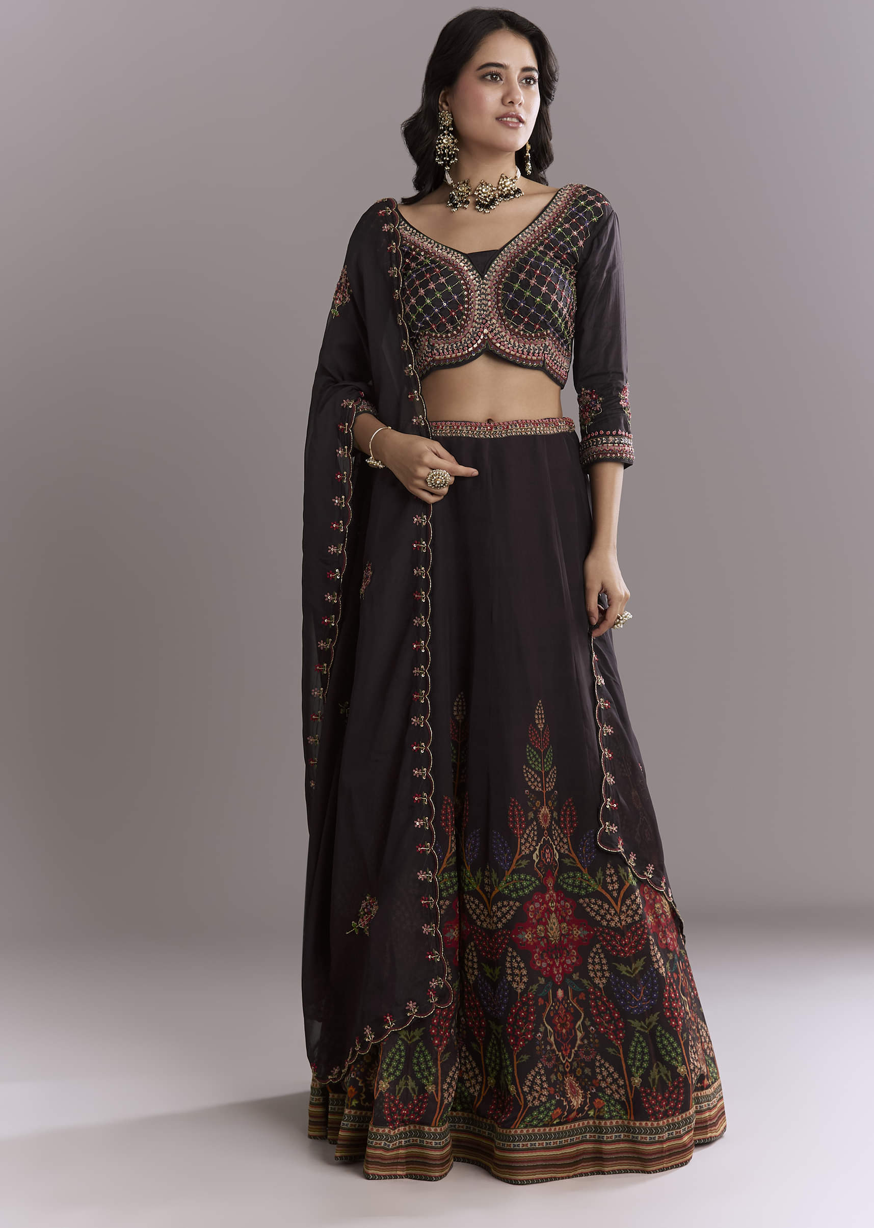 Black Organza Printed Bridesmaid Lehenga With Intricate Hand Embroidery