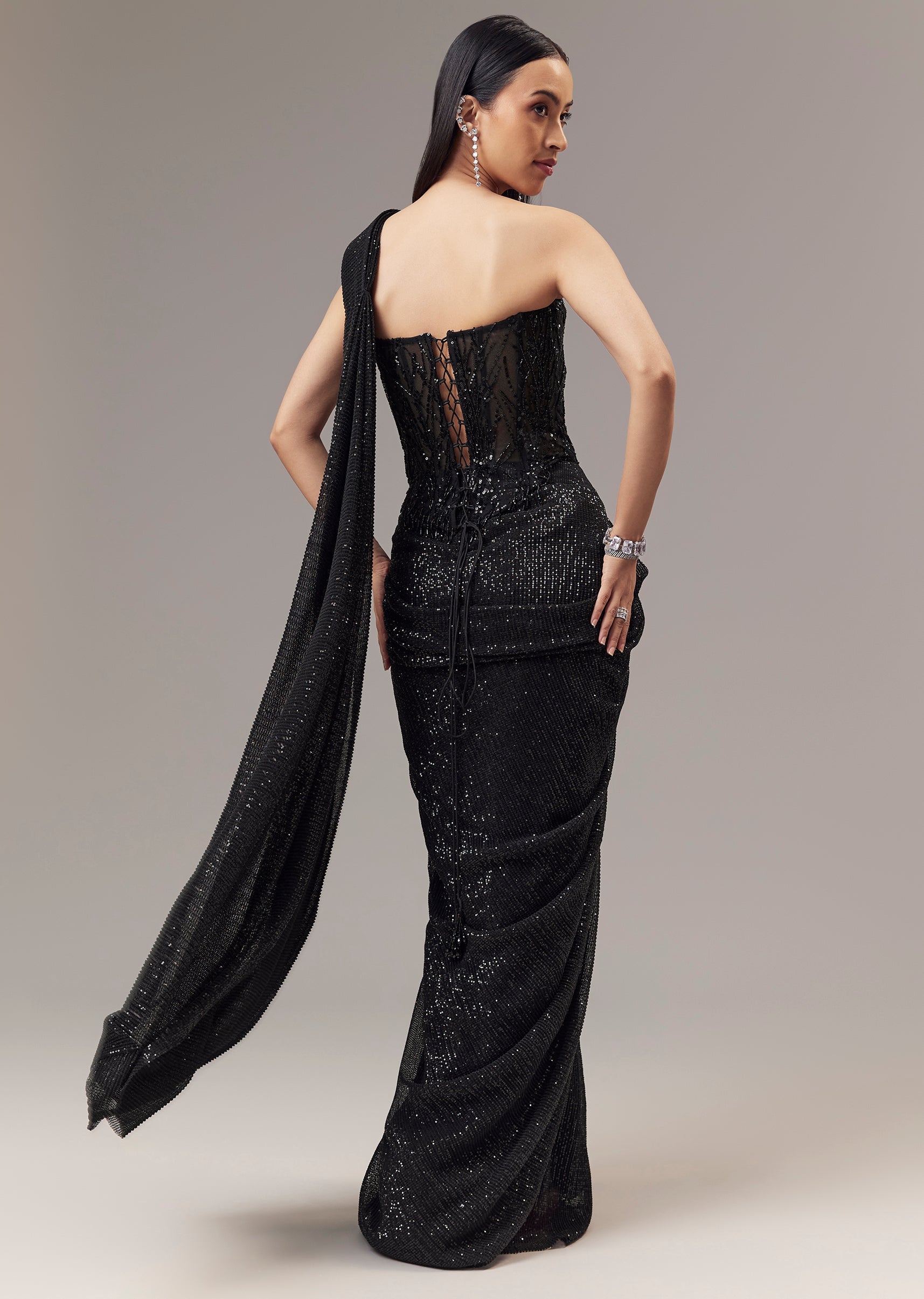 Black Ready Pleated Indo Western Shimmer Saree With Sequin Corset Blouse