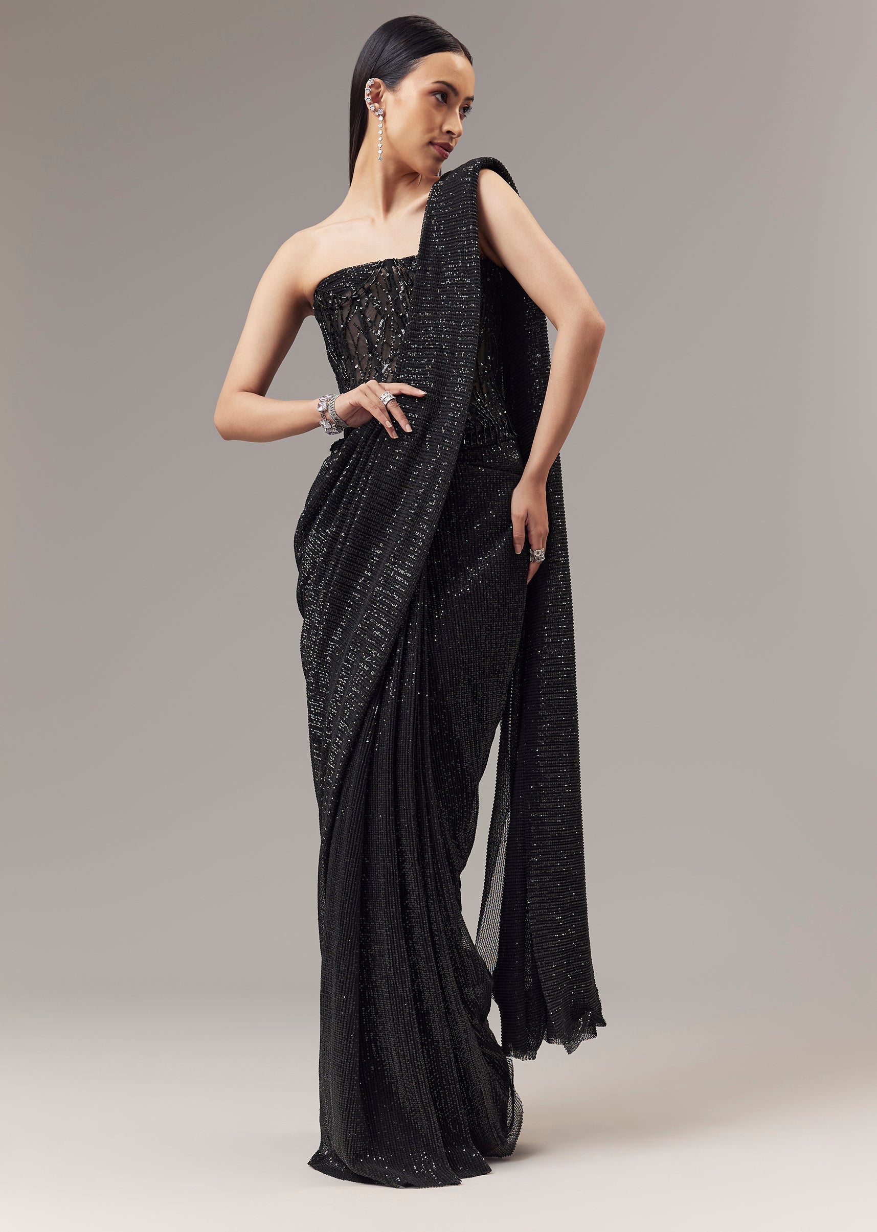 Black Ready Pleated Indo Western Shimmer Saree With Sequin Corset Blouse