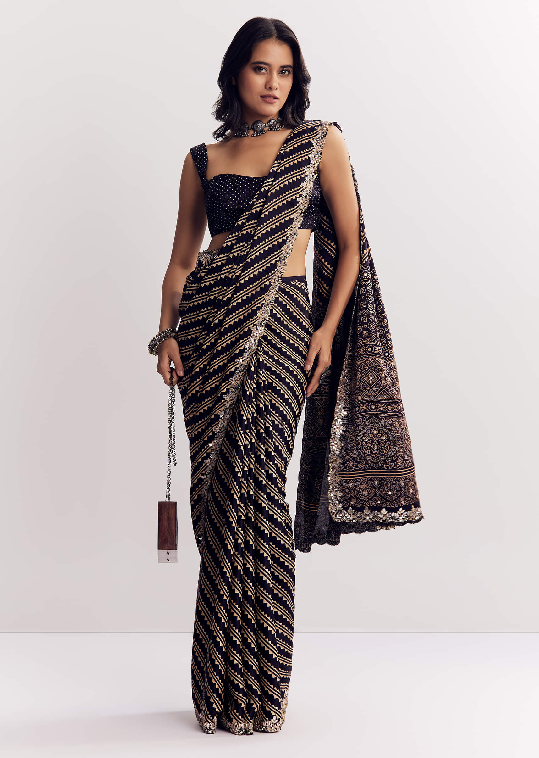 Black Satin Saree With Lehariya Print And Mirror Sequins Zari Embroidery