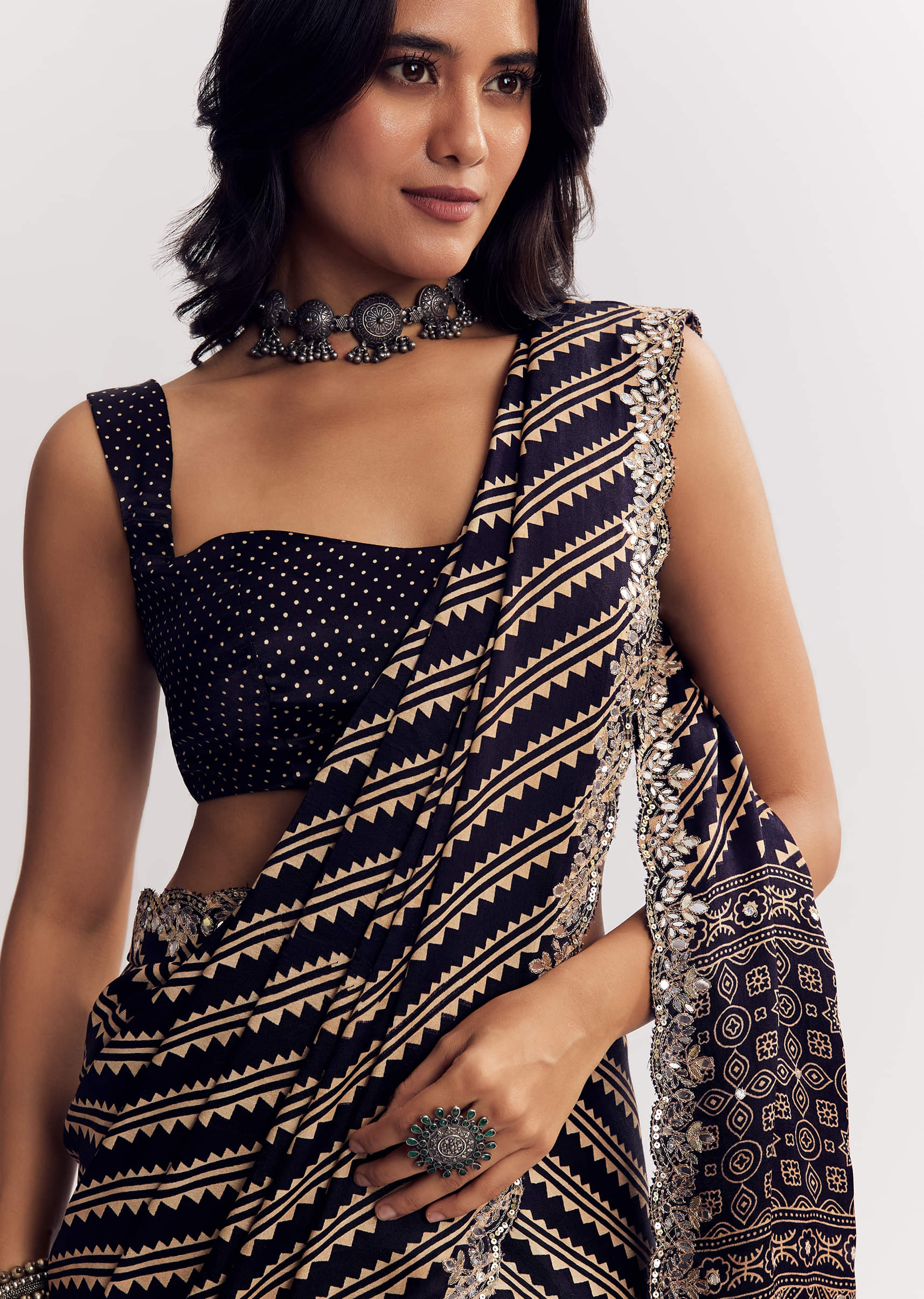 Black Satin Saree With Lehariya Print And Mirror Sequins Zari Embroidery