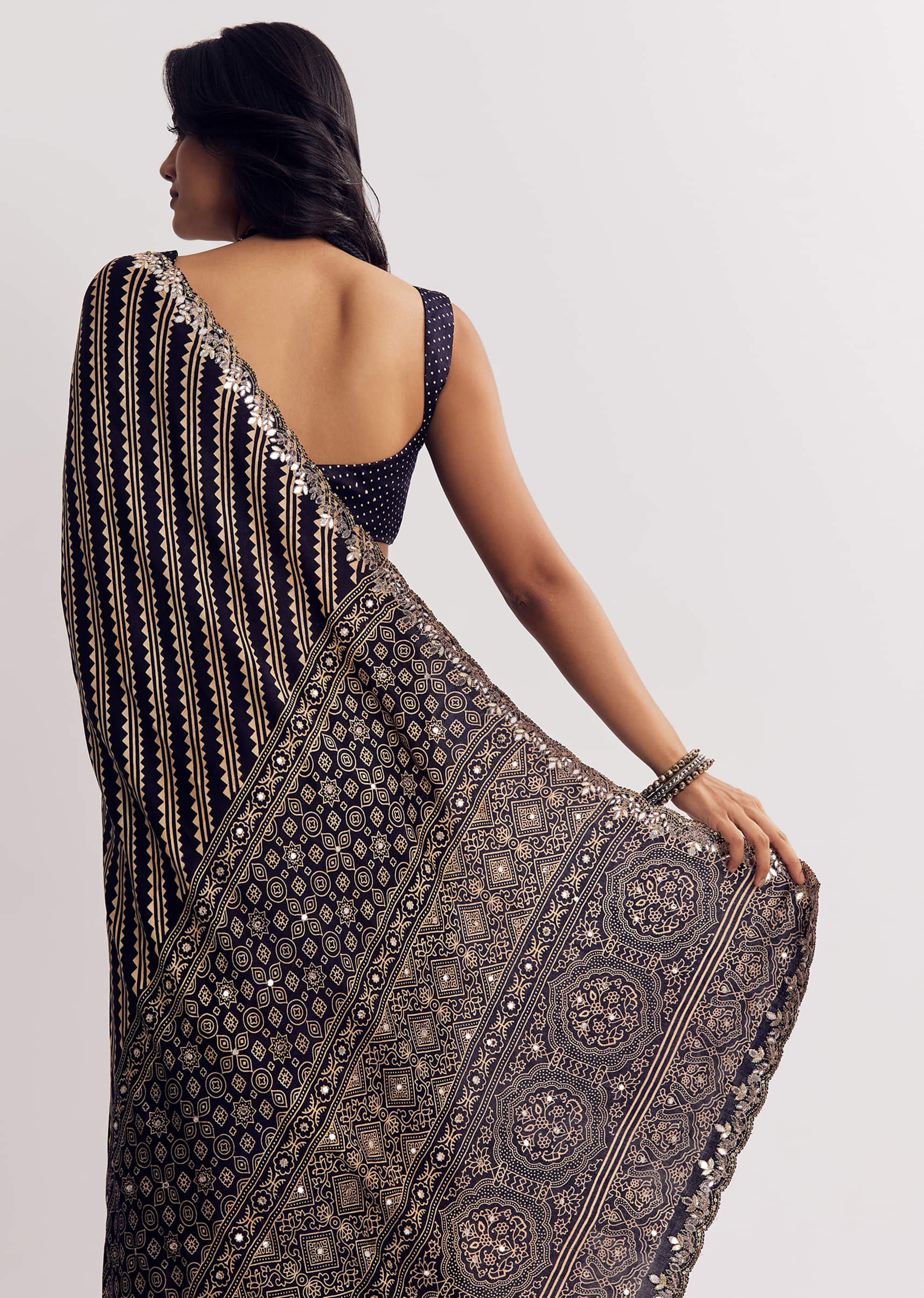 Black Satin Saree With Lehariya Print And Mirror Sequins Zari Embroidery