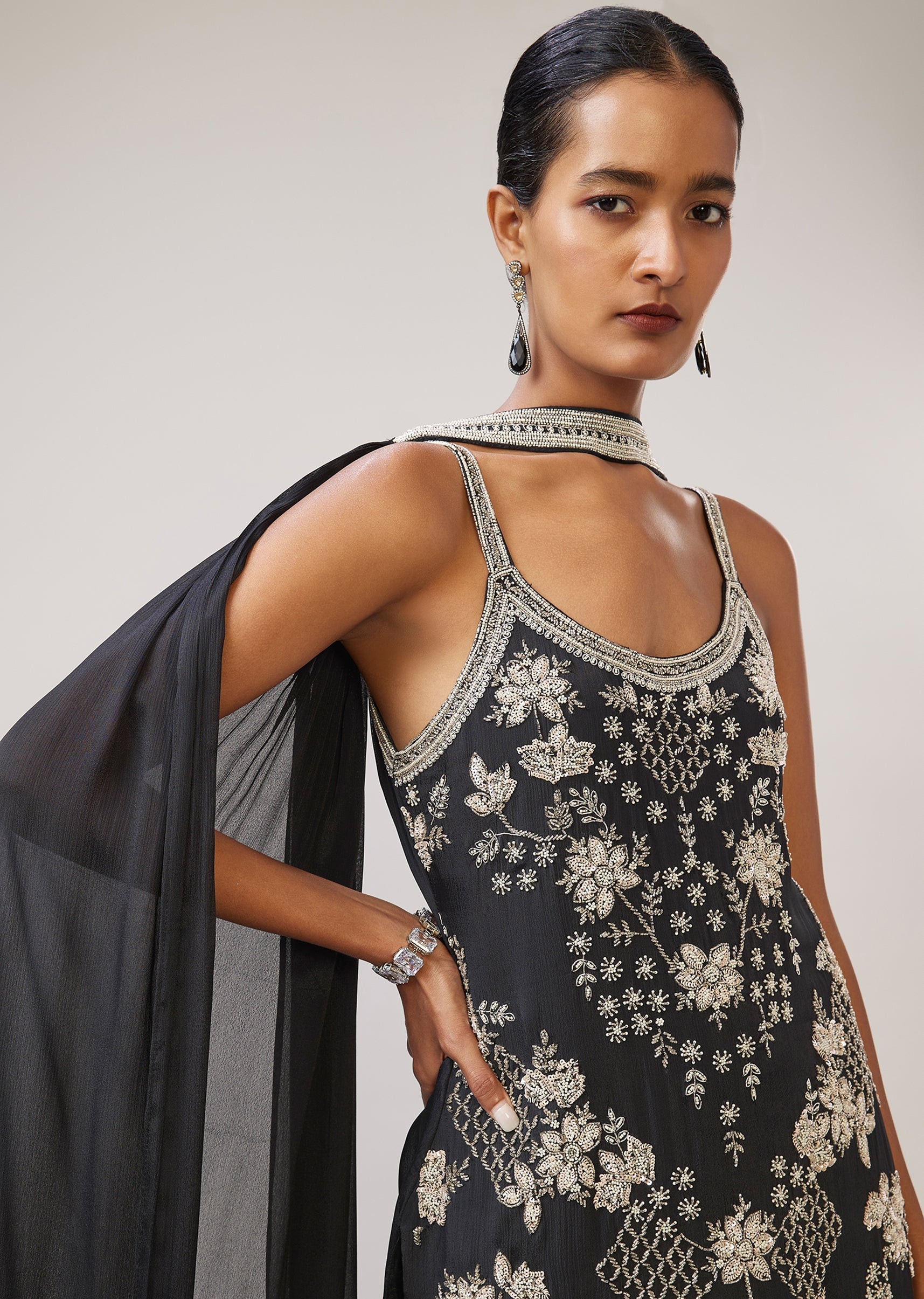 Black Sequin Cut Dana Strap Kurta Palazzo Set With Dupatta