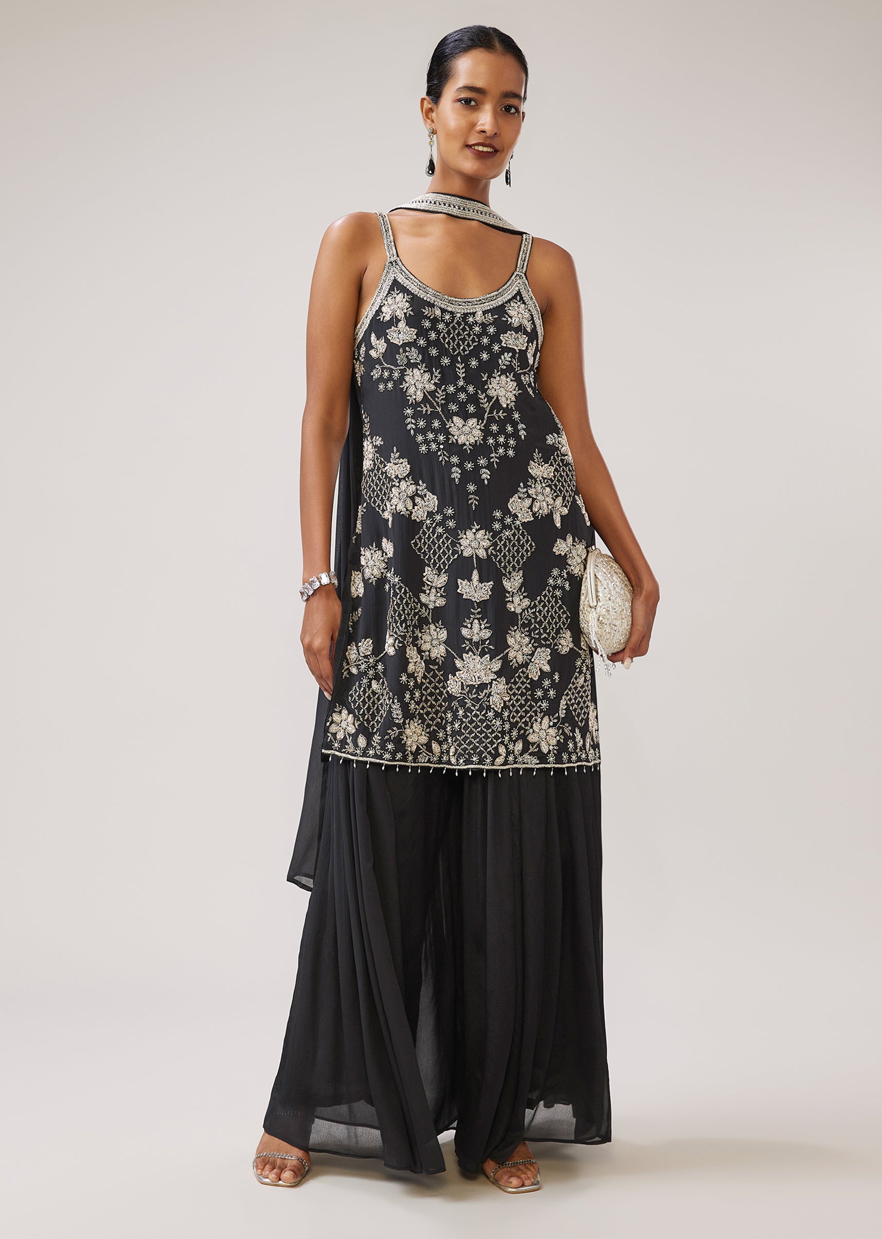 Black Sequin Cut Dana Strap Kurta Palazzo Set With Dupatta