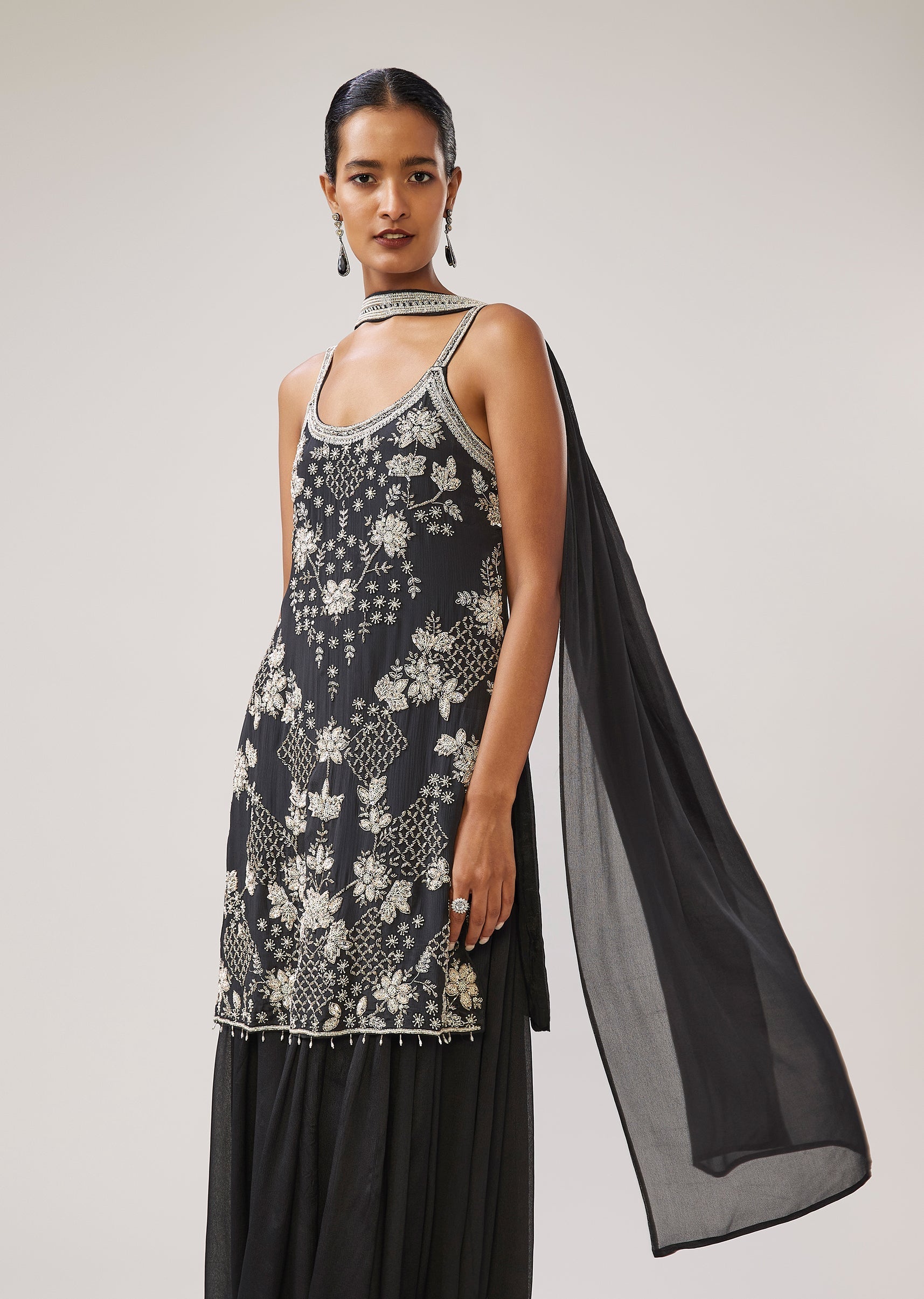 Black Sequin Cut Dana Strap Kurta Palazzo Set With Dupatta
