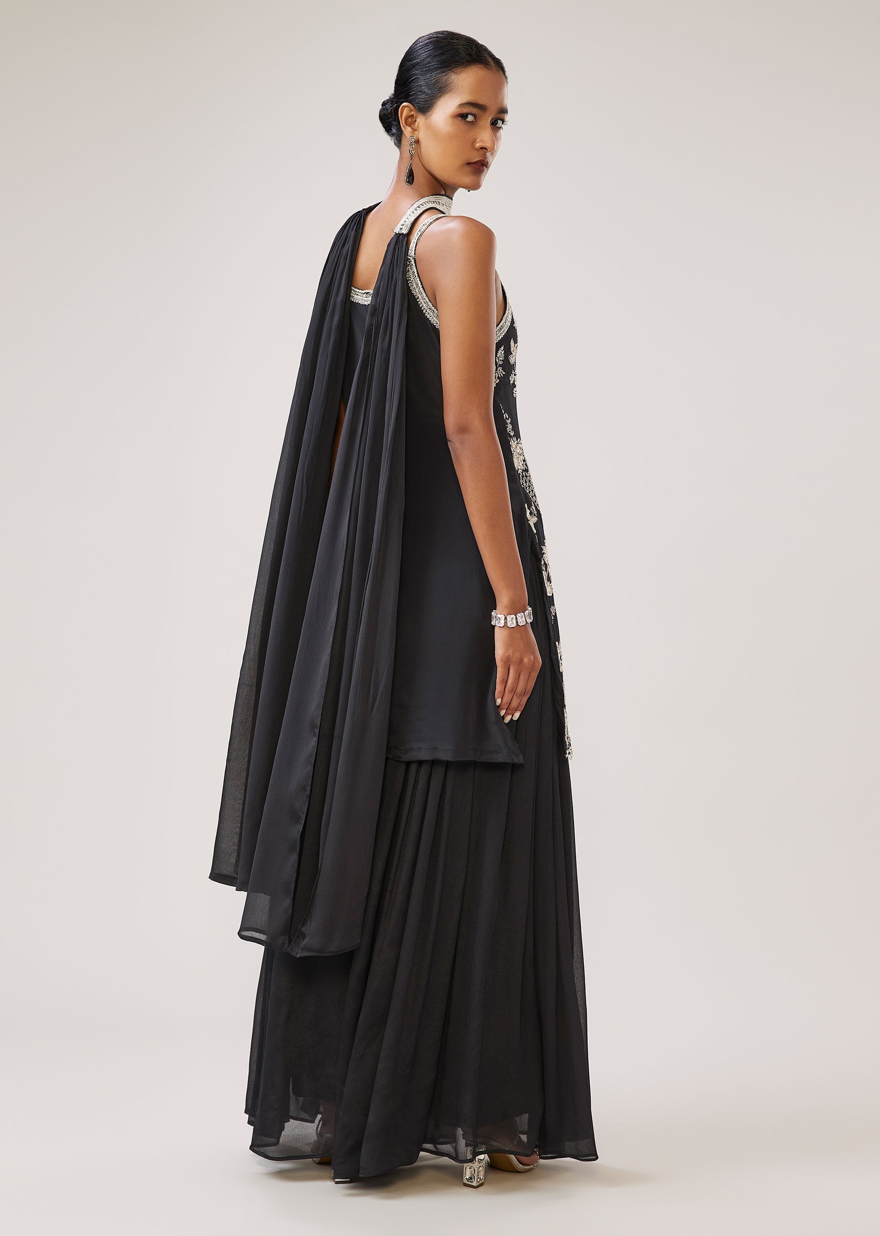Black Sequin Cut Dana Strap Kurta Palazzo Set With Dupatta